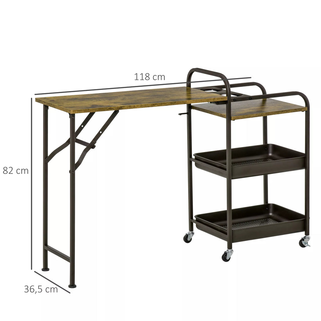 Vintažinio virtuvės vežimėlio matmenų schema: 118 cm ilgis, 82 cm aukštis, 36,5 cm gylis