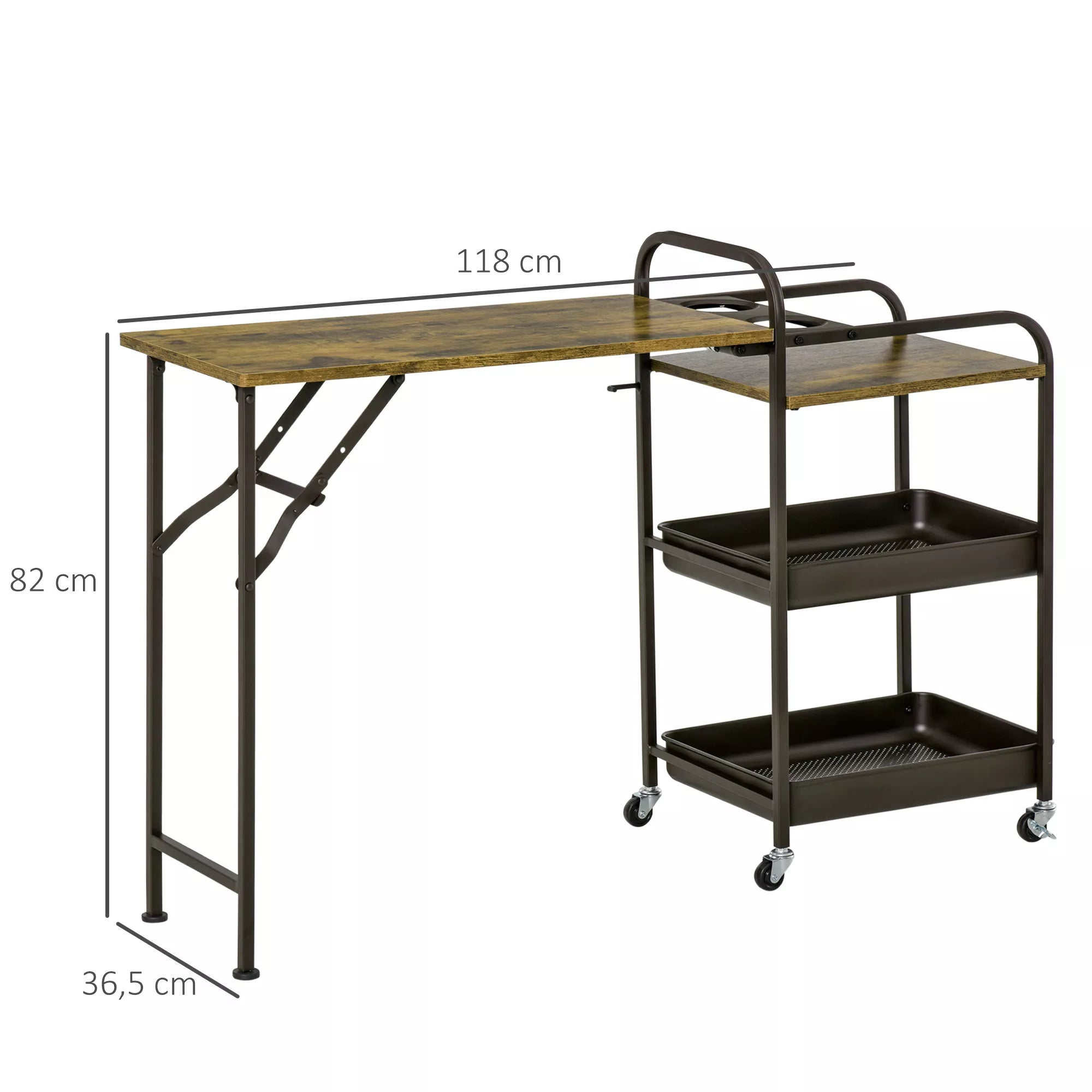 Vintažinio virtuvės vežimėlio matmenų schema: 118 cm ilgis, 82 cm aukštis, 36,5 cm gylis