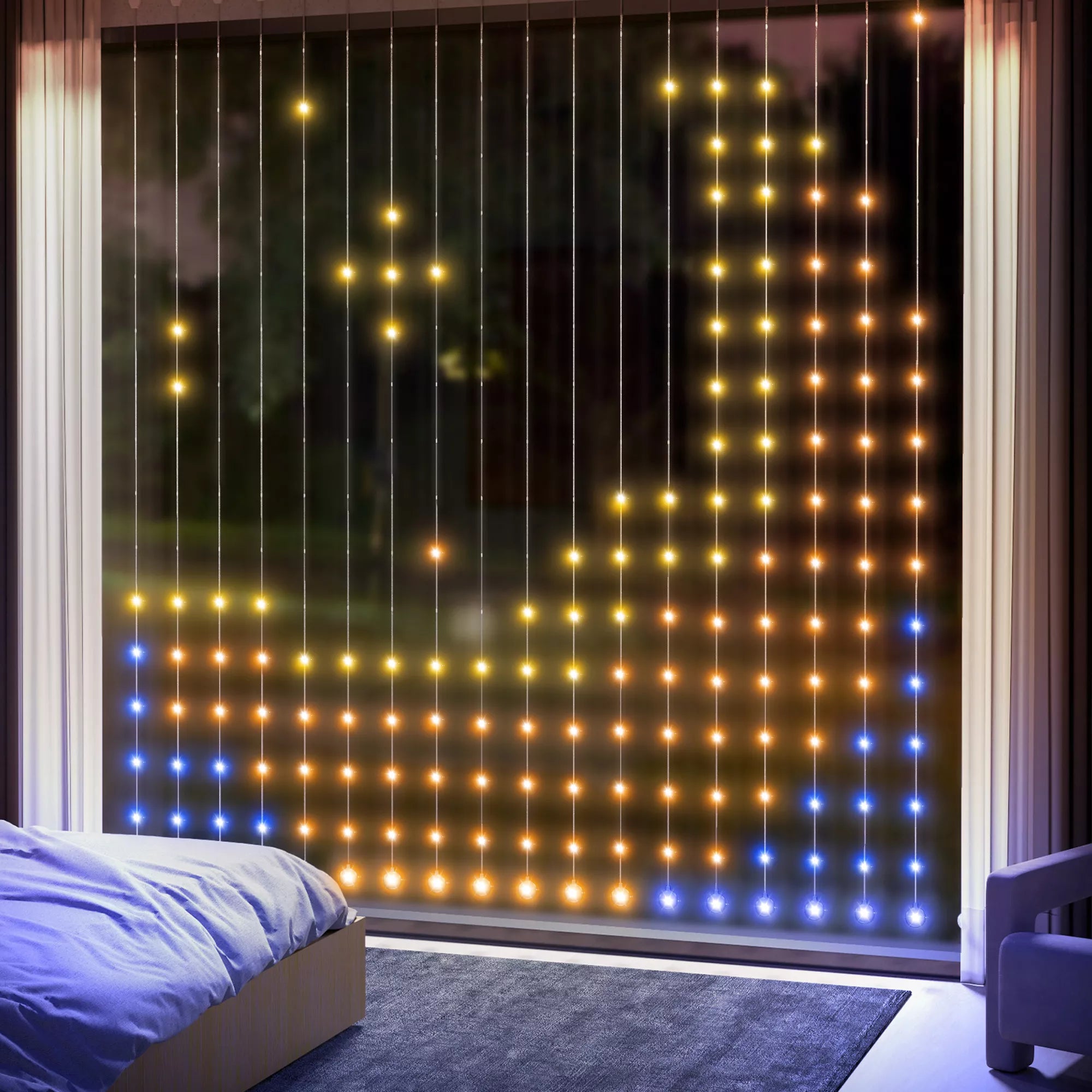 Užuolaida su 400 LED žiburėlių, dinamiškos girliandos su muzikos sinchronizavimu miegamajam, svetainei, 3 x 3 m