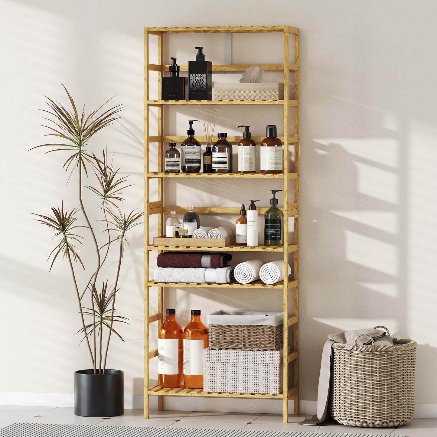 6 lygių bambuko medžio lentynos, reguliuojami lentynų aukščiai, laisvai stovinti lentynų sistema, natūralaus medžio