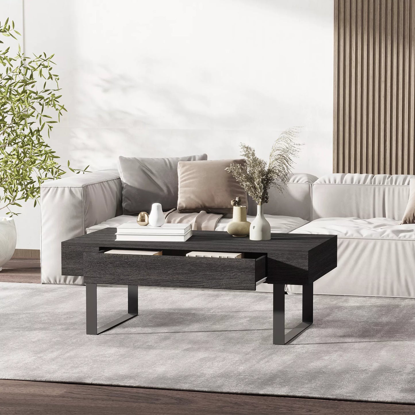 Modernus svetainės staliukas su stalčiumi ir metaliniu rėmu, 110 x 60 x 40 cm, tamsiai pilkas