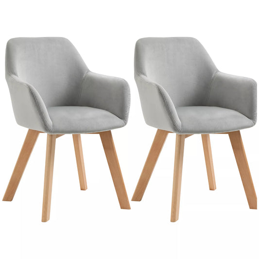 2 kėdžių komplektas, valgomojo kėdės, velveto išvaizda, medinės kojos, 54 cm x 57 cm x 80 cm, pilka + natūrali