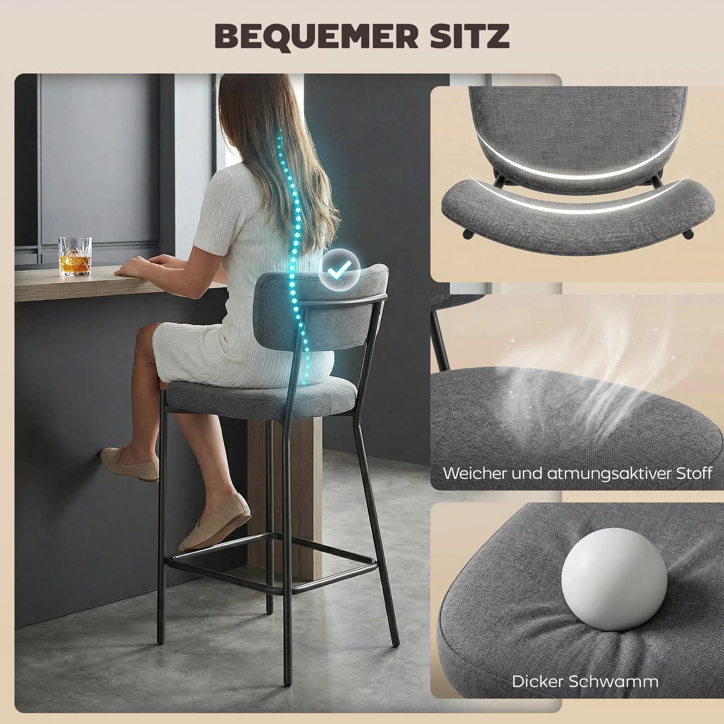 Baro kėdžių komplektas, minkštos baro kėdės su išlenktu atlošu, plienas ir tekstilė bei putų poliuretanas, 2 vnt., pilka