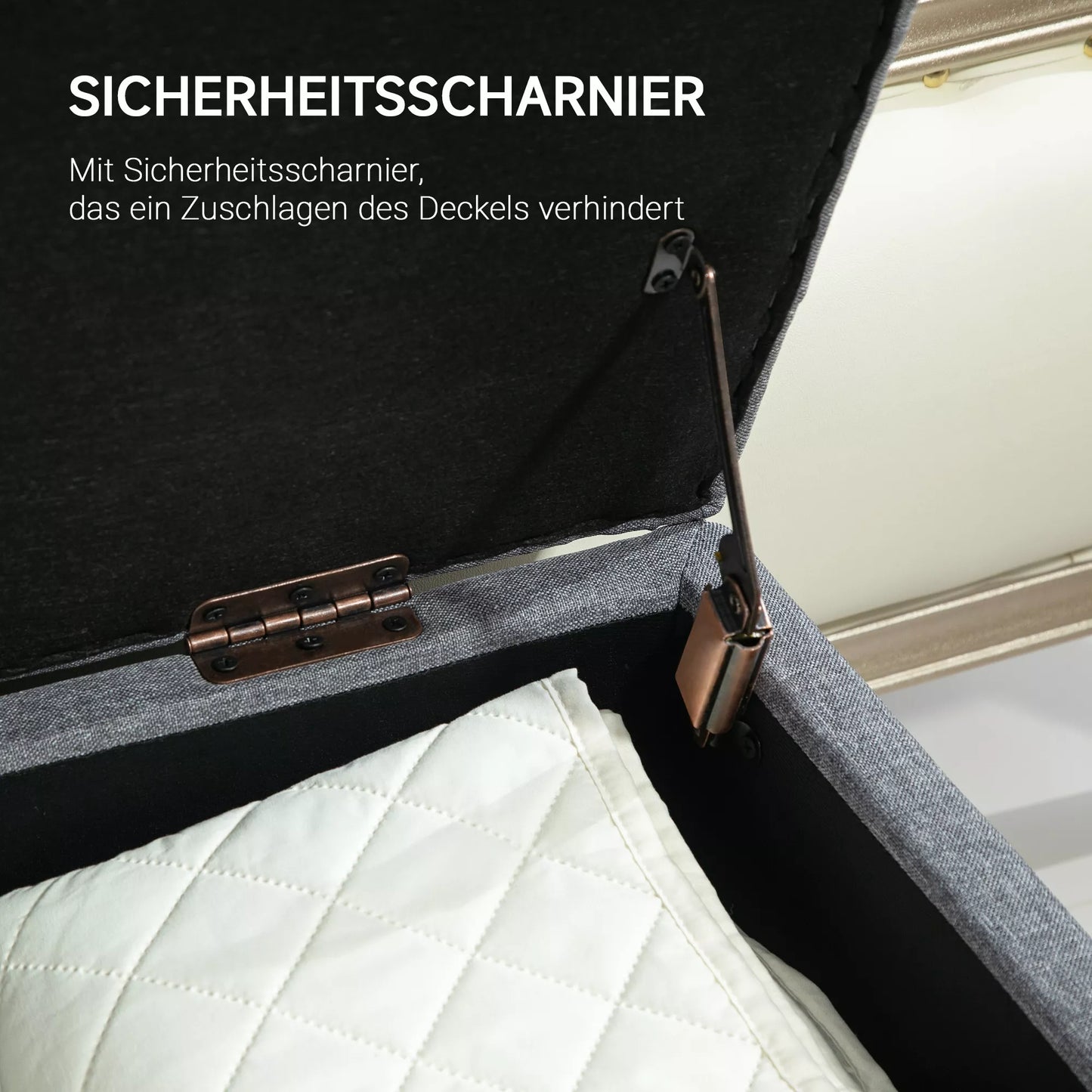 Suolas su daiktadėže, apmuštas, lininio tipo poliesteris, kaučiuko mediena, 100 x 40 x 44 cm, šviesiai pilkas