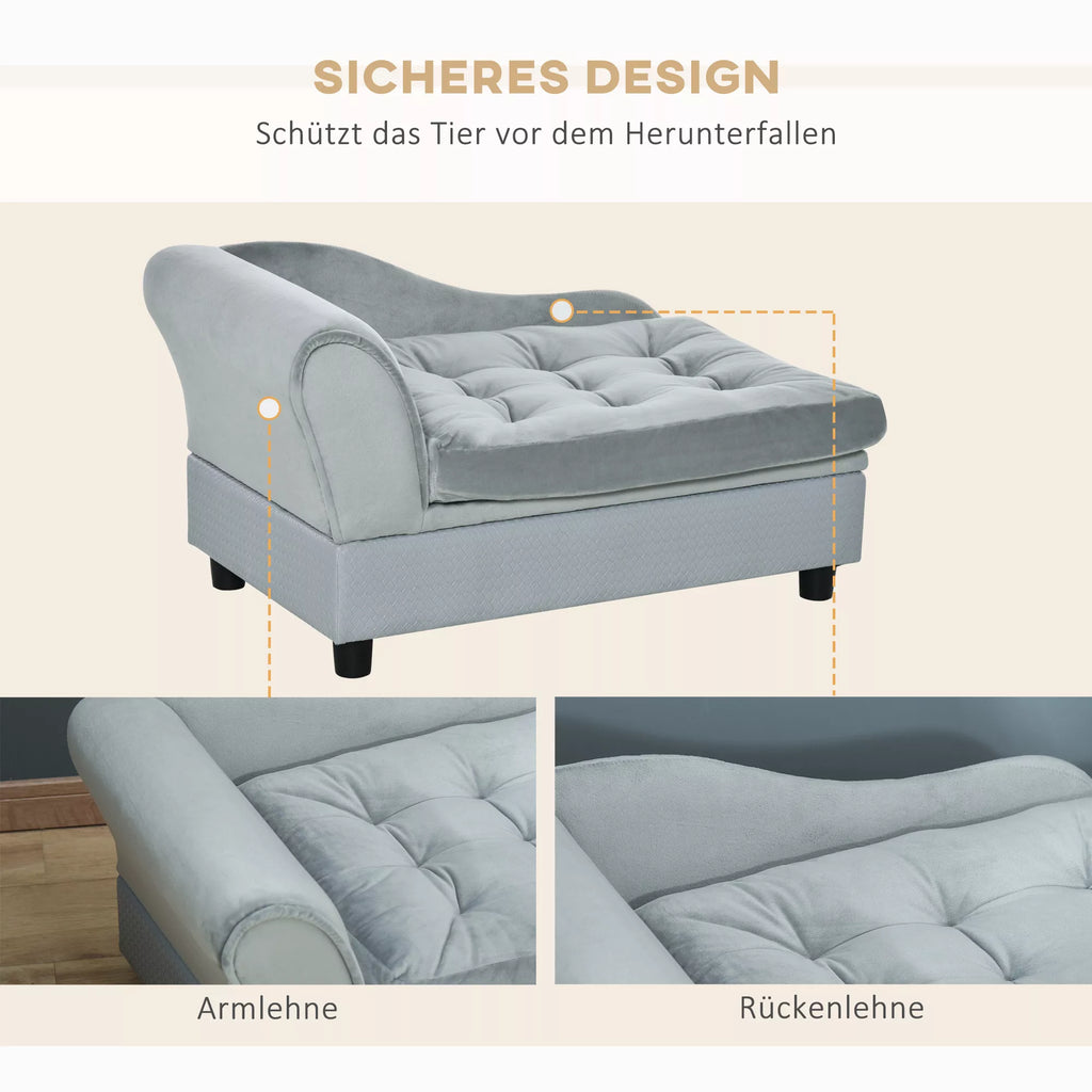 Naminių gyvūnų sofa su daiktų laikymo vieta, minkšta pagalvė, iki 15 kg apkrova, pliušinis apmušalas, kietmedžio rėmas, šviesiai pilka spalva