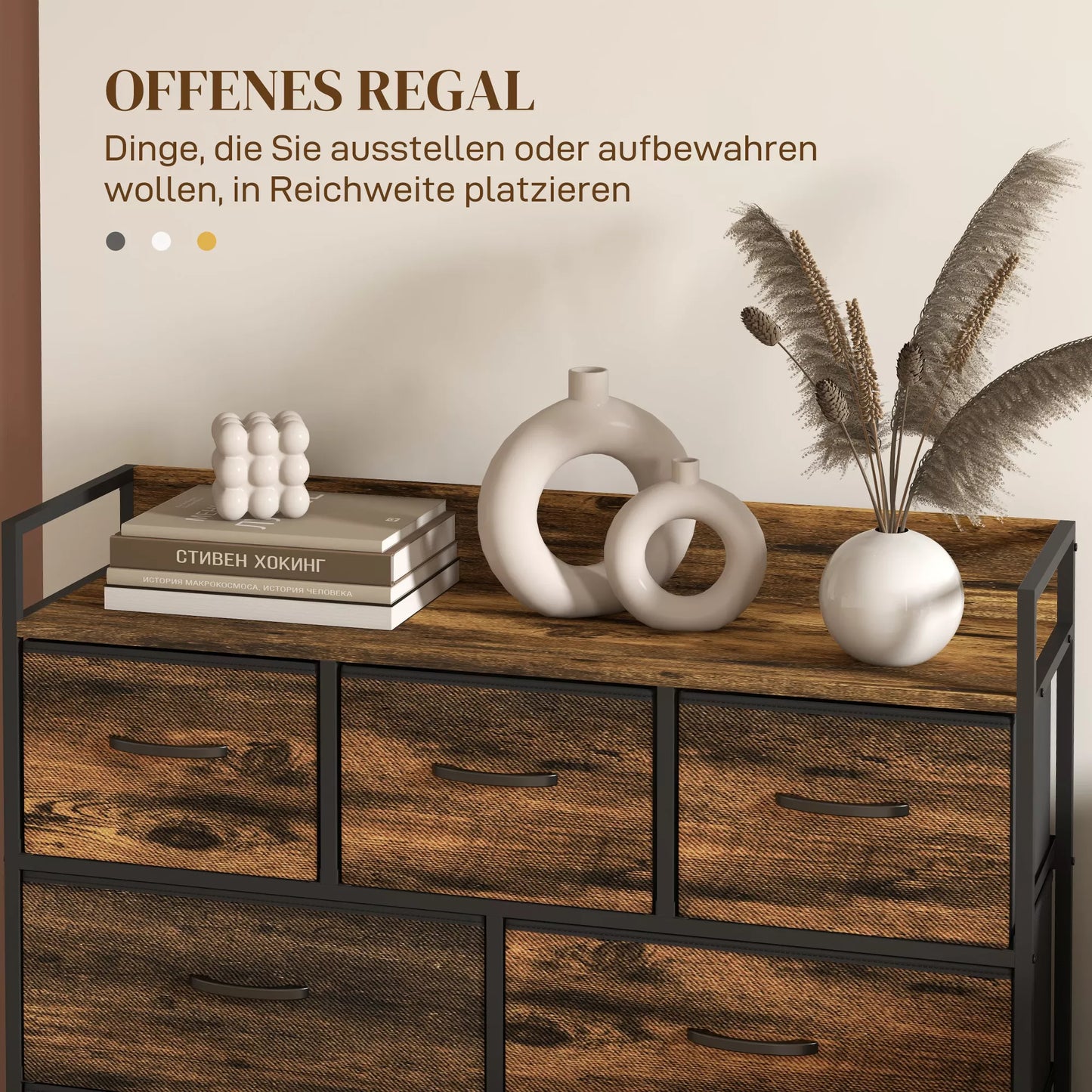 Komoda, spintelė su 7 audinių stalčiais, pramoninis dizainas, plieninis rėmas, 98x29x85cm, ruda/juoda