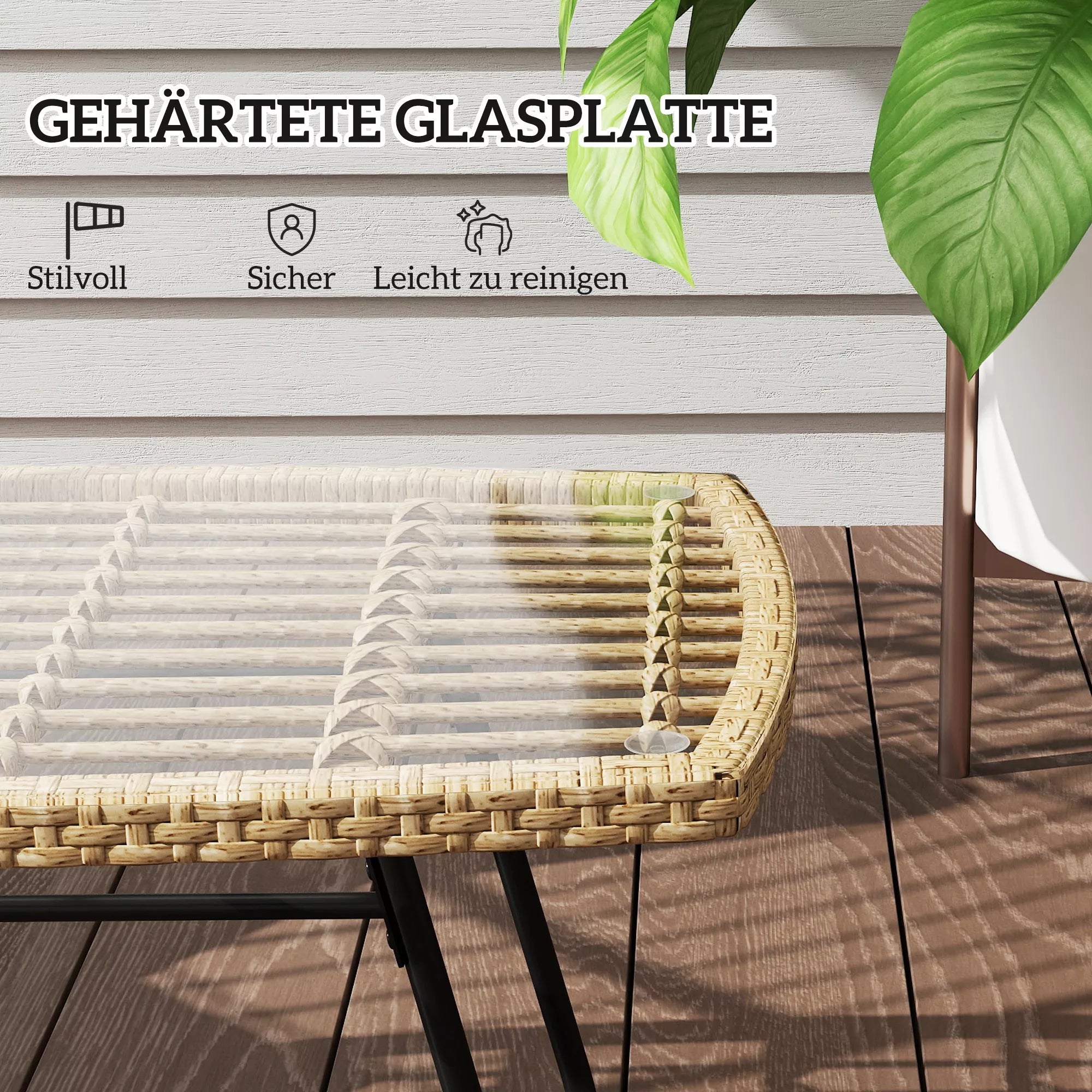 Polyrattan sodo stalas, 90 x 50 x 45 cm, atsparus UV spinduliams, pagalbinis stalas su stikliniu stalviršiu, natūralaus medžio