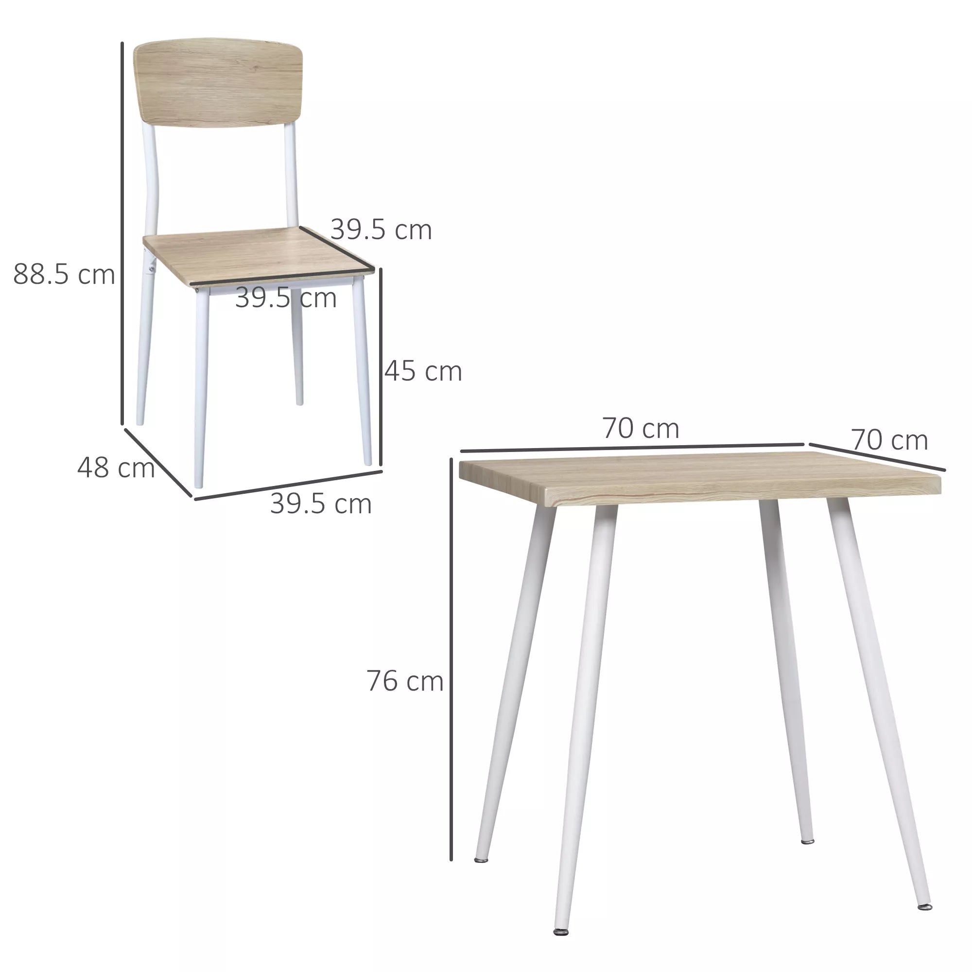 Schema su stalo matmenimis: 70 × 70 cm, aukštis 76 cm