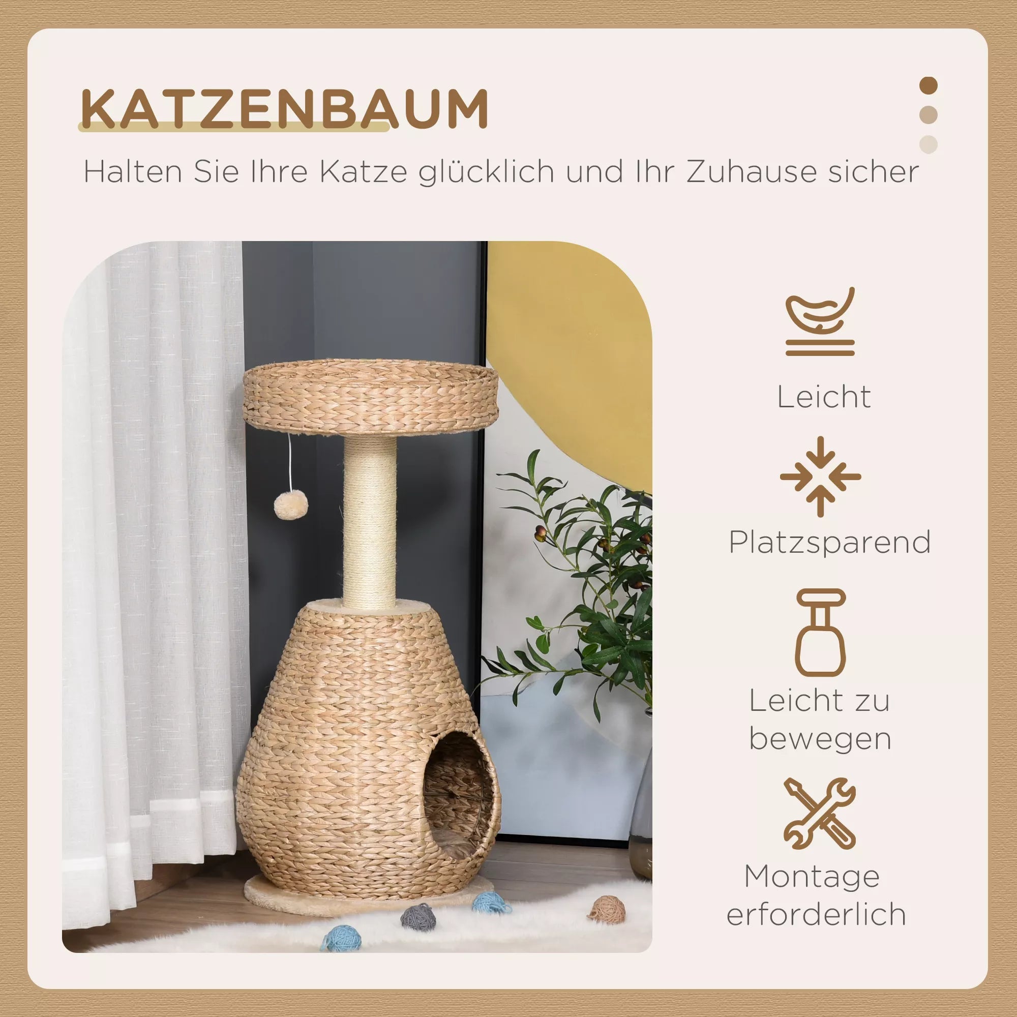 Kačių medis, kačių draskyklė, baldai kačiukams su kačių urvu, kamuoliuko žaislas, sizalis, minkštas pliušas, aukštis 82,5 cm, geltonas