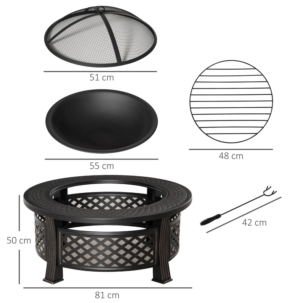 Ugnies dubuo su ugnies kirtikliu, ugnies apsauga, ugnies krepšys, apvalus ugnies stalas, ugnies vieta sodui, kempingui, BBQ, plieninis, juodas, 81 x 81 x 50 cm
