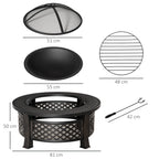 Laužavietės matmenų schema: skersmuo 81 cm, dubuo 55 cm, grotelės 48 cm