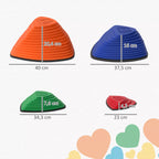 Infografika su spalvotų balansavimo akmenų matmenimis: 40 cm, 37,5 cm, 34,3 cm, 23 cm