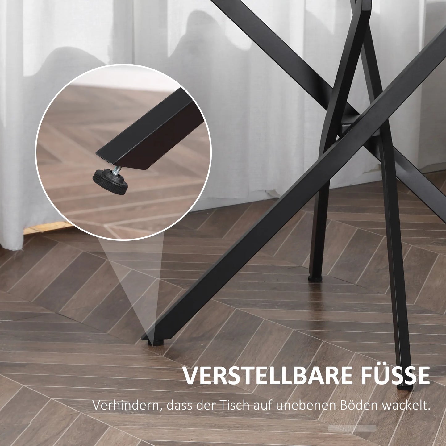 Modernus stiklinis valgomojo stalas, 80 cm skersmens, virtuvinis stalas su grūdinto stiklo plokšte ir metalinėmis kojomis, skirtas 4 asmenims