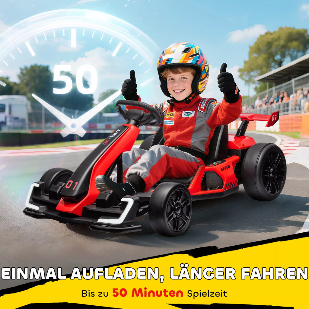 Go-Kart vaikams, elektrinis kartas su signaline ir muzikos funkcija, reguliuojama sėdynė, greitis iki 12 km/h, plastikas, metalas, raudonas