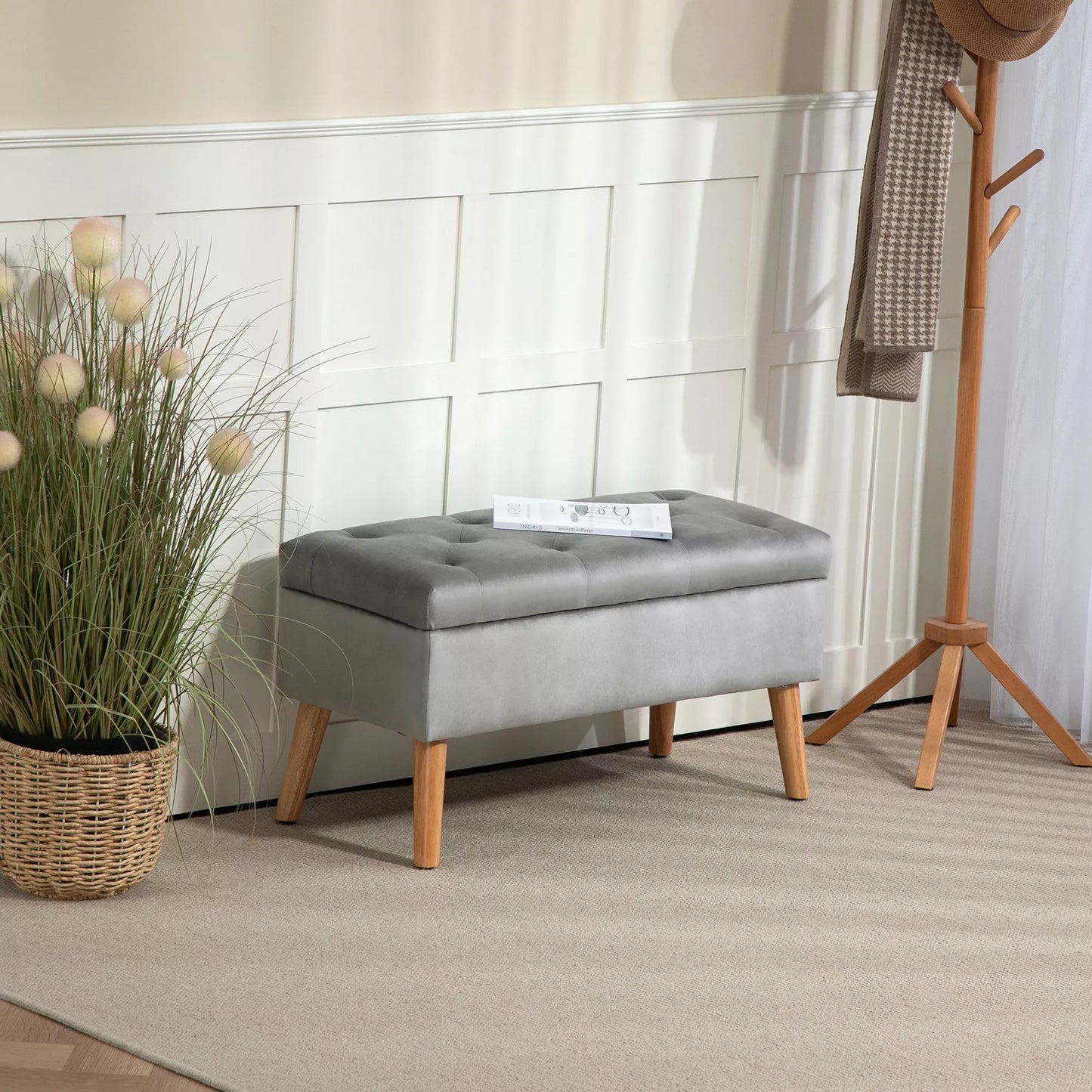 Minkštasuolis su daiktadėže, velveto imitacijos audinio užvalkalas, medinės kojos, skirta svetainei, miegamajam, koridoriui, 80 x 35 x 42 cm, pilka