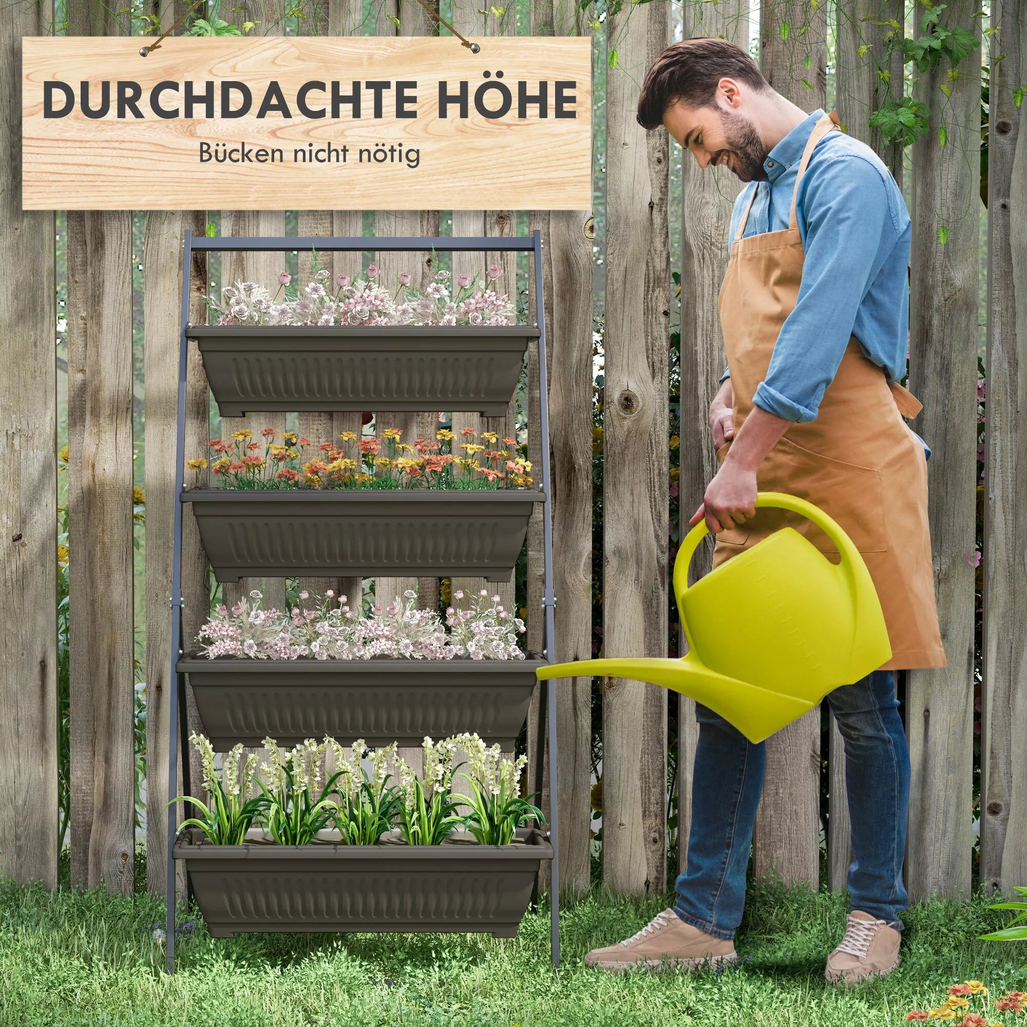 Augalų laiptai Gėlių laiptai Augalų lentynos, sukraunamos, atsparios atmosferos poveikiui, 76 cm x 79 cm x 162 cm, rudos spalvos