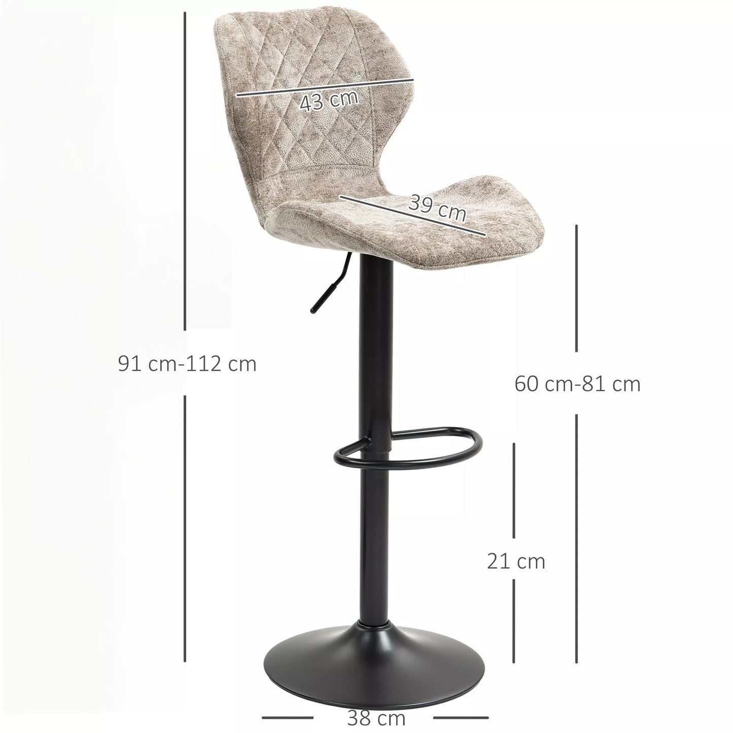 HOMCOM Baro kėdės, 2 vnt. komplektas, reguliuojamo aukščio virtuvinės baro kėdės su atlošu, dujiniu pakėlimu, atrama kojoms, sukamos, rudos