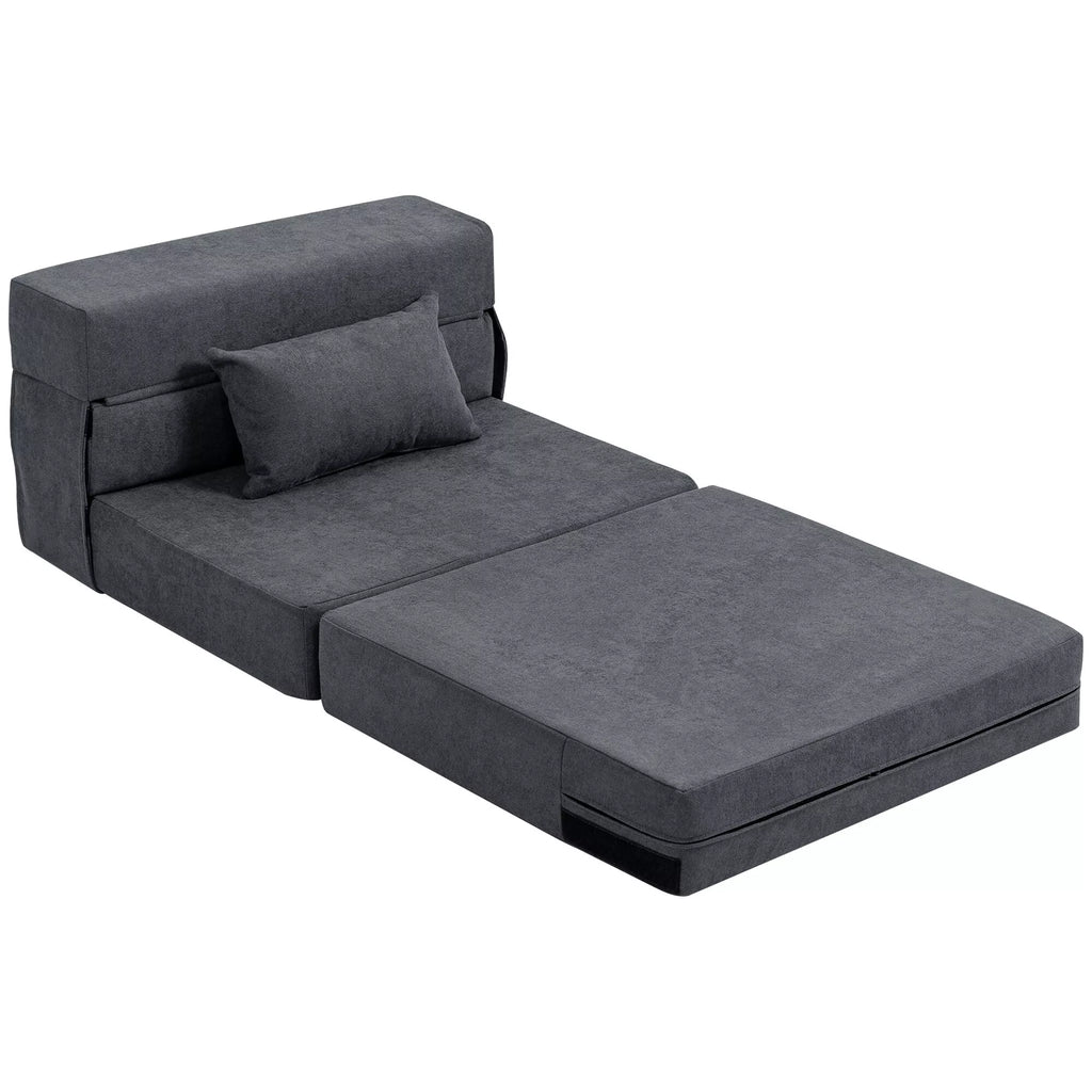 Grindų sofa, minkšta sofa, transformuojama į čiužinį, putplastis, pagalvės, tamsiai pilkos
