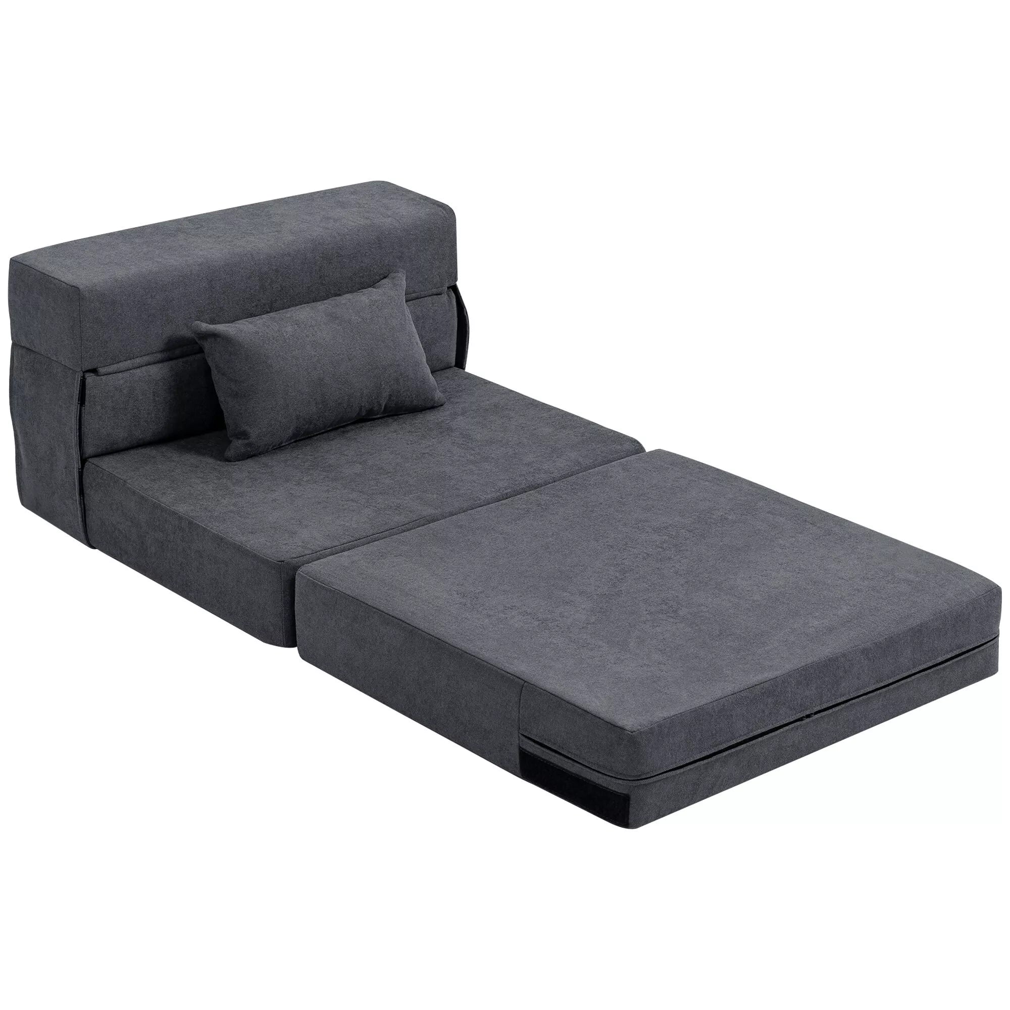 Grindų sofa, minkšta sofa, transformuojama į čiužinį, putplastis, pagalvės, tamsiai pilkos