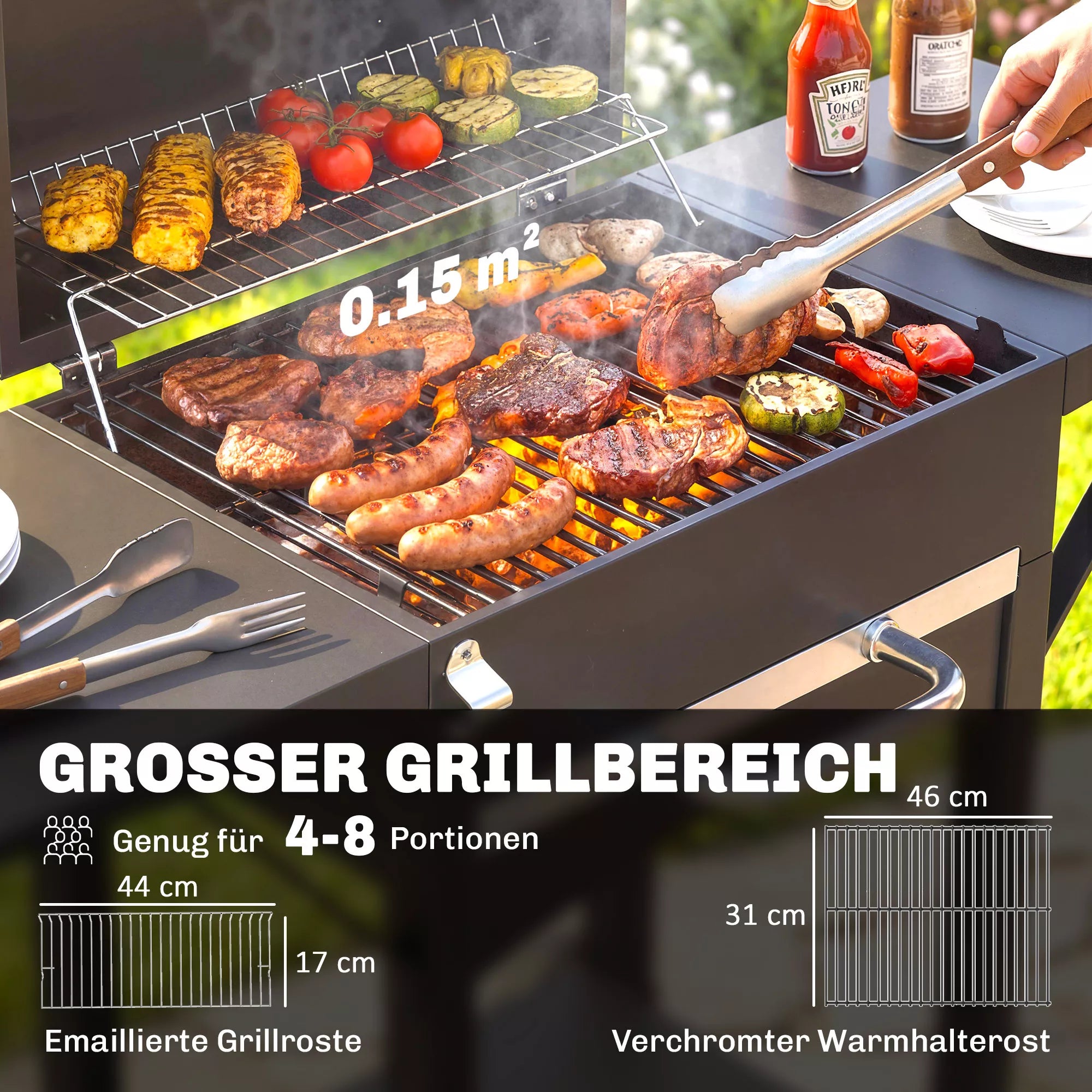 Anglies grilis su dangčiu, BBQ rūkymo grilis su 2 šoniniais stalais Didelis grilio paviršius Grilio grotelės Termometras Ratai