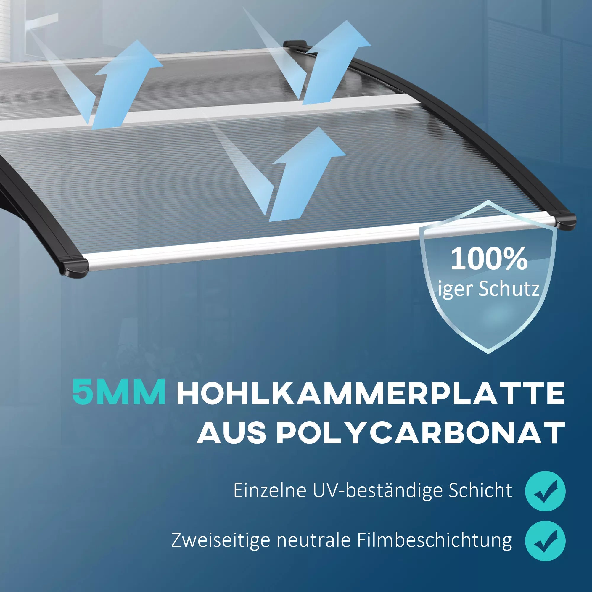 Stogelis prie įėjimo durų/langų, atsparus oro sąlygoms, skaidrus, su aliuminio jungiamosiomis juostomis ir polikarbonatu, 103x96,5x27 cm, juodos spalvos