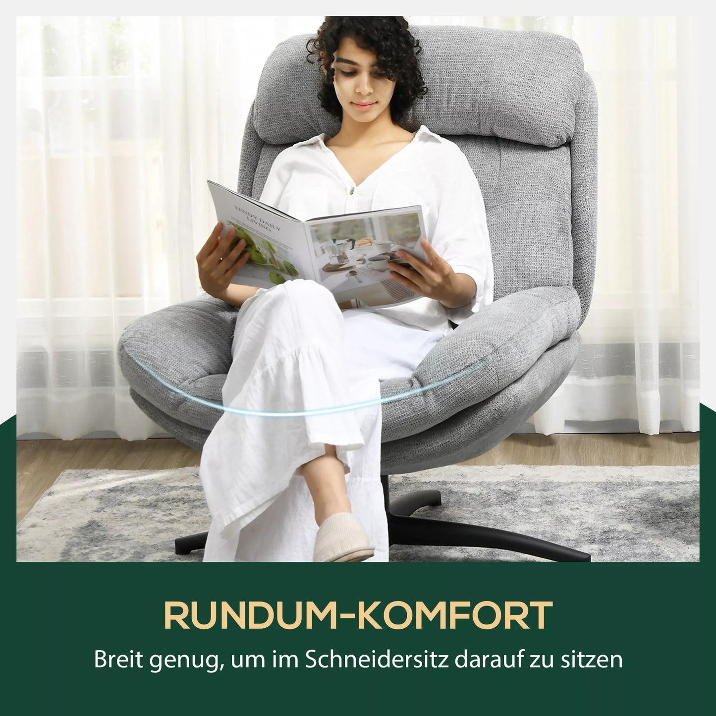 Besisukantis krėslas, 360 laipsnių sukimasis, šenilo audinys, integruoti porankiai, plieninės kojos, pilka, juoda