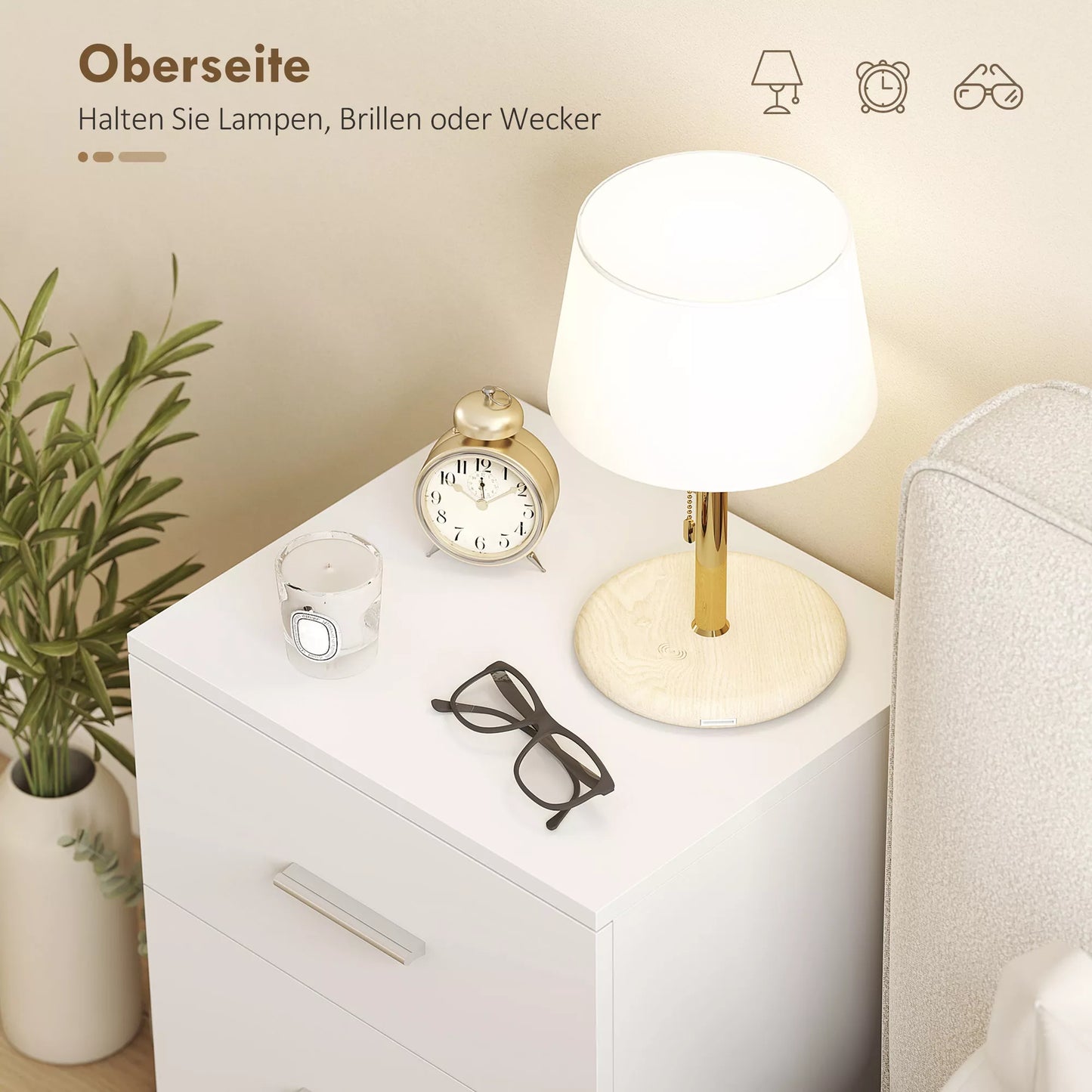 Naktinis staliukas su 3 stalčiais, komoda miegamajam, MDF, balta