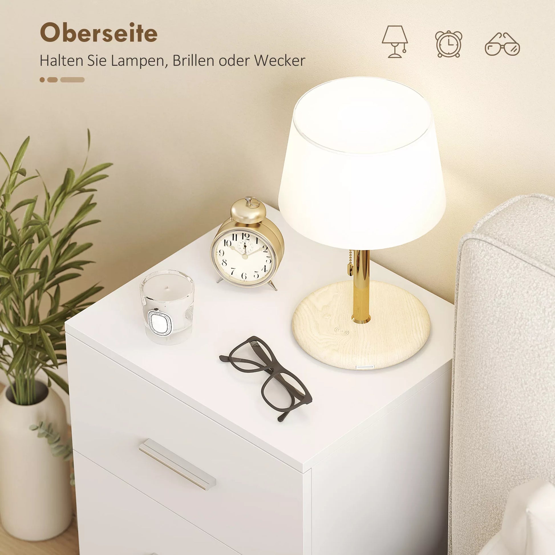 Naktinis staliukas su 3 stalčiais, komoda miegamajam, MDF, balta