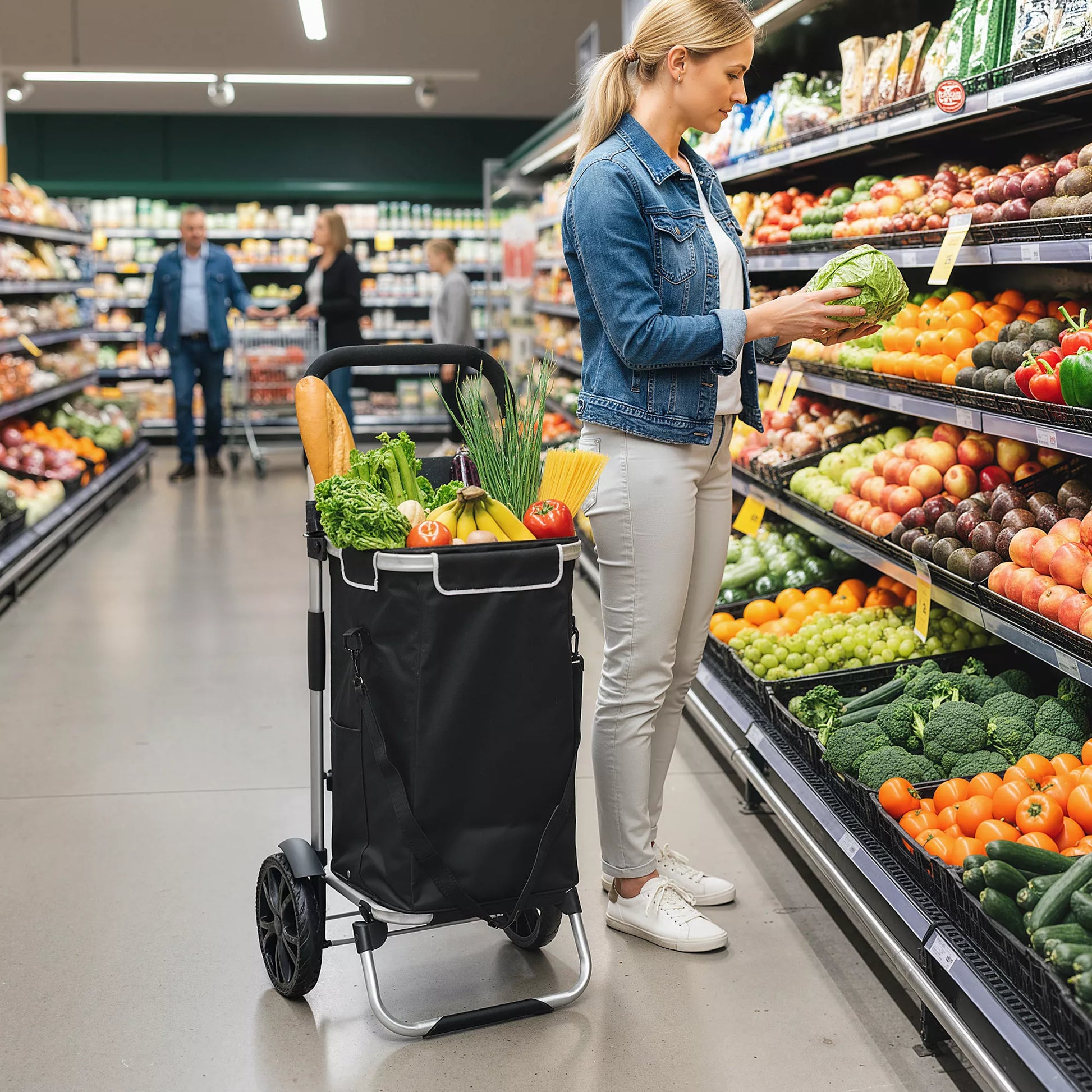 3-in-1 sulankstomas pirkinių vežimėlis, kurio talpa 40 l, vežimėlis gali išlaikyti iki 25 kg svorį, su šaldymo skyriumi, juodos spalvos