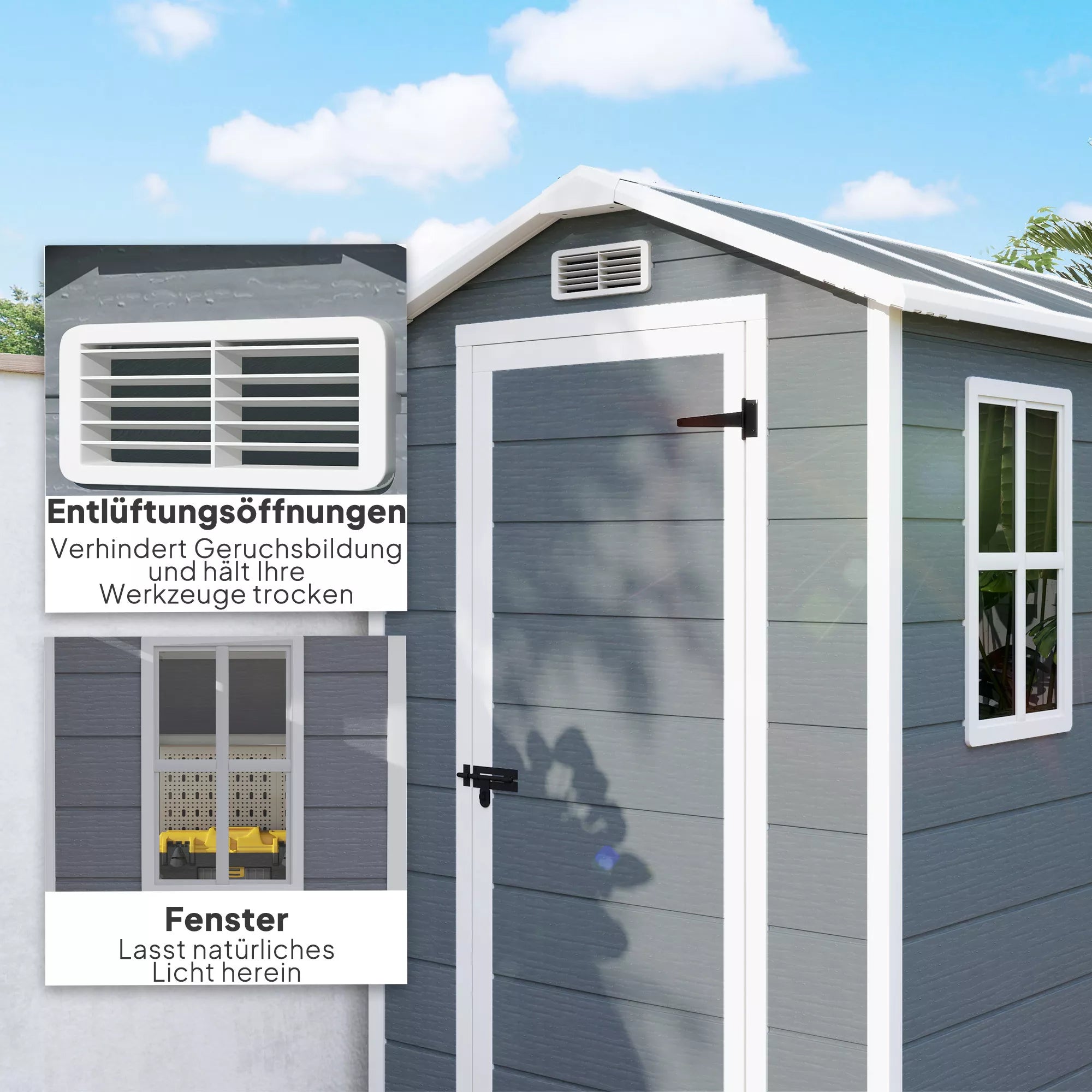 Sodo namelis, plastikinis sodo namelis su grindimis, langais, užrakinamomis durimis, skirtas sodui, 131B x 186T x 198H cm, pilkos spalvos