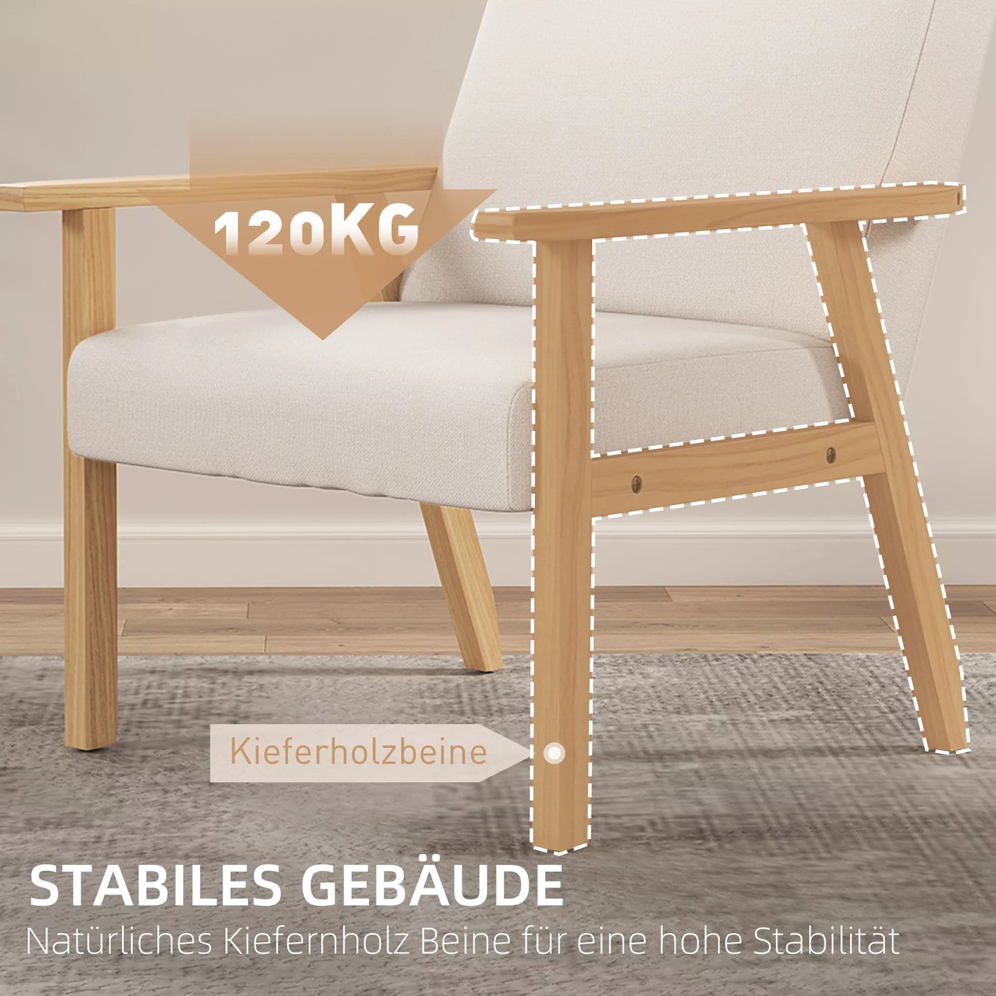 Minkštas fotelis su porankiais, valgomojo kėdė su linine išvaizda, su medžio masyvo rėmu, 64 x 70 x 72 cm, kreminės spalvos.