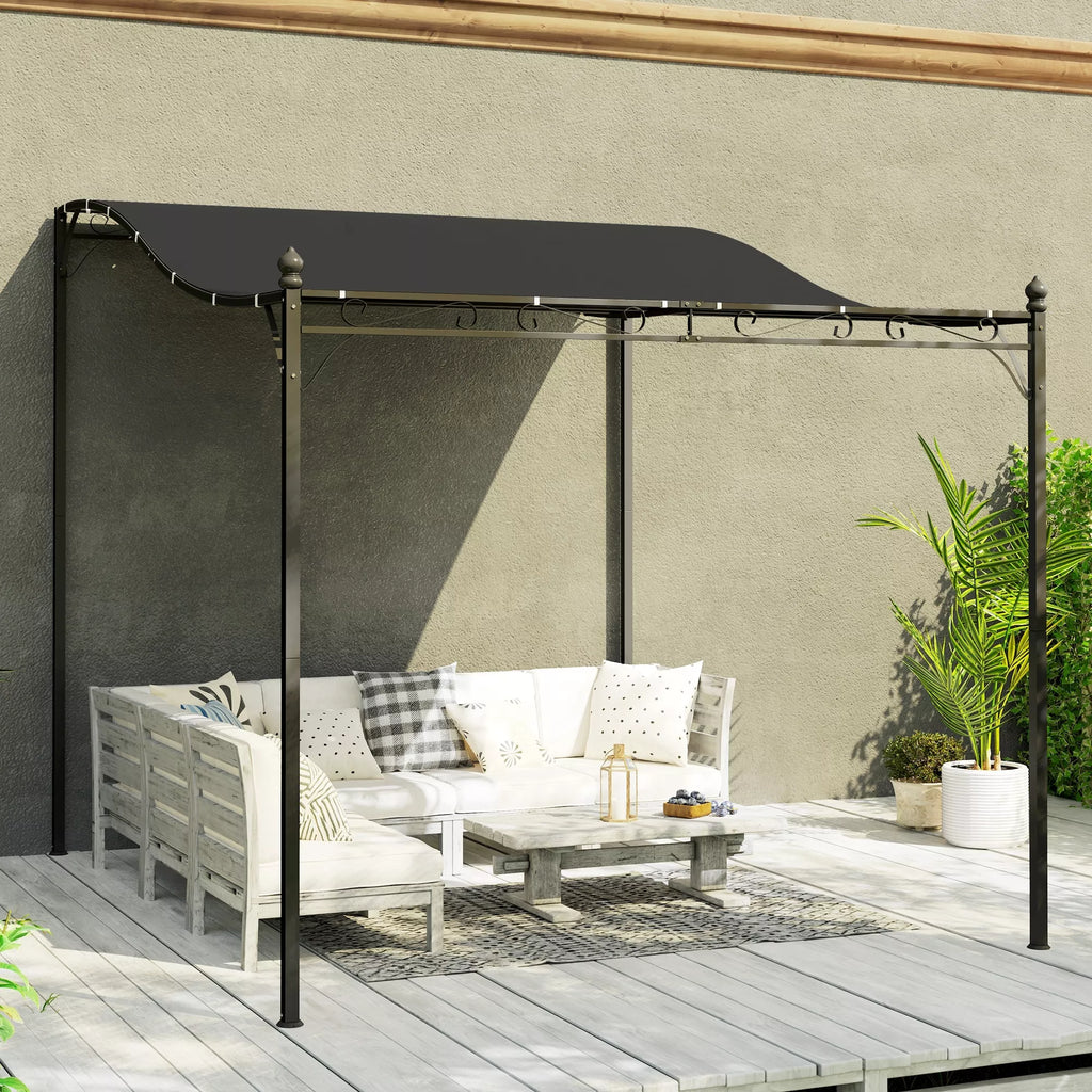 2,5 x 3 m pergola, prie sienos montuojamas sodo paviljonas, atsparus vandeniui, metalinis rėmas, drenažo angos, šešėlinis stogas, tamsiai pilkos spalvos