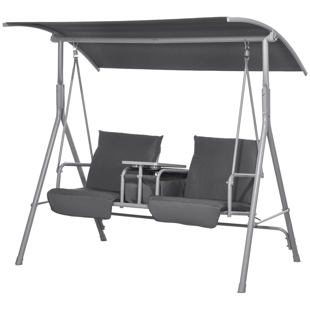 Holivudo sūpynės, 2 vietos, su stogu ir stalu, metalinis rėmas, iki 180 kg, 175x110x165 cm, juodos spalvos