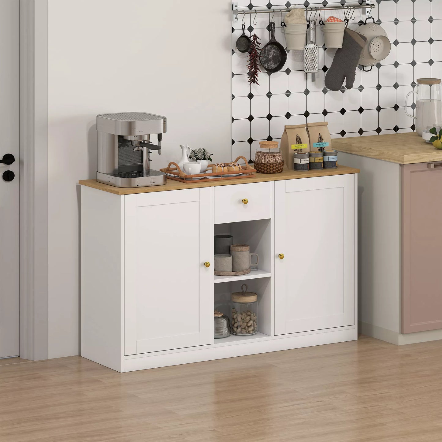 Virtuvinė komoda, sideboard'as su stalčiumi, spintelėmis, lentynomis, iš MDP, balta