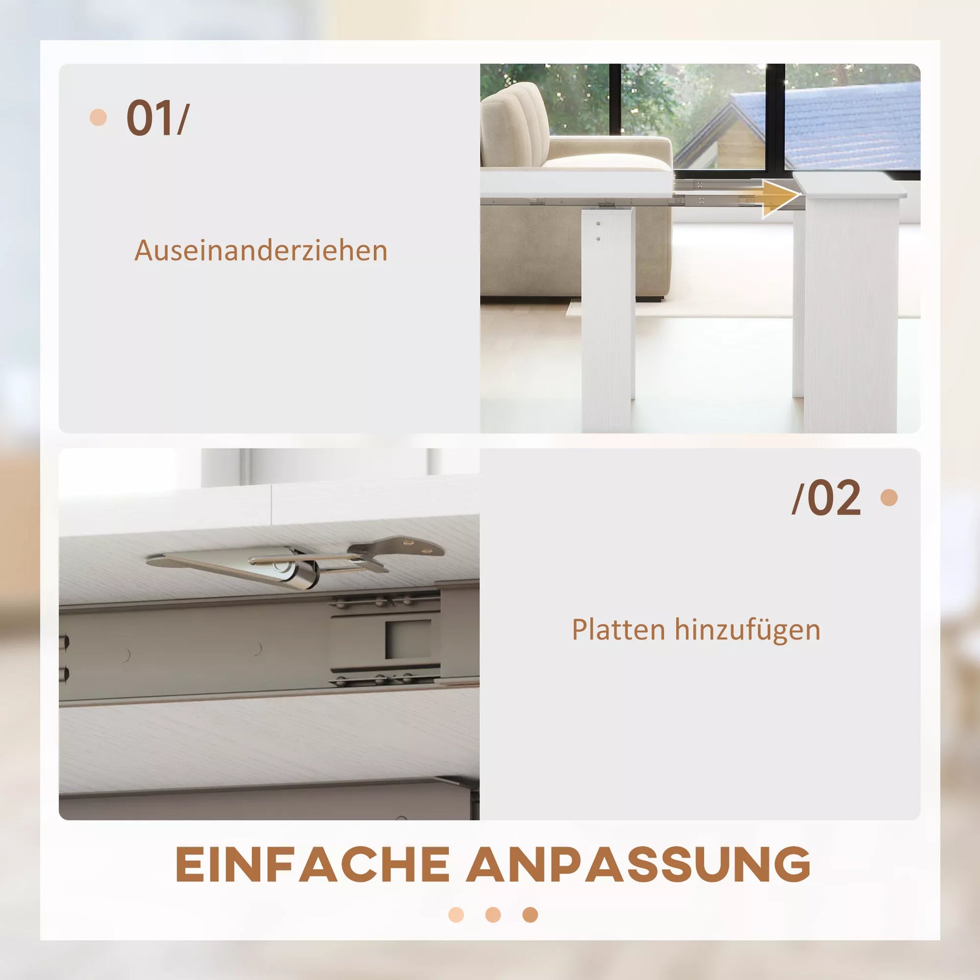 Valgomojo stalas, sulankstomas stalas, prailginamas virtuvės stalas, valgomojo baldų stalas, medžio drožlių plokštė, 60-180 x 85 x 75 cm, baltas