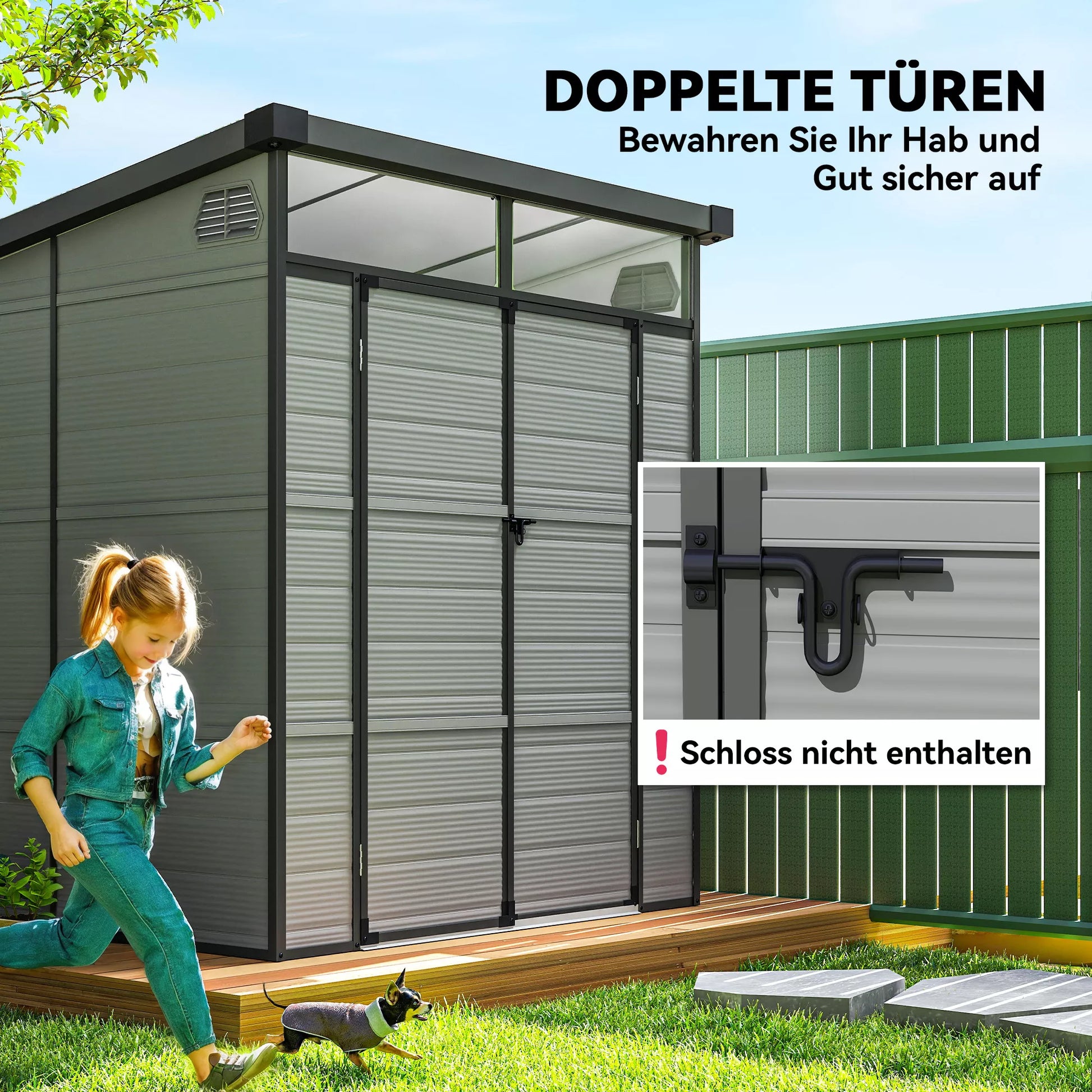 1,9 x 1,9 m sodo ir įrankių namelis iš plastiko, su užrakinamomis durimis, 2 ventiliacijos angomis, šviesiai pilkas