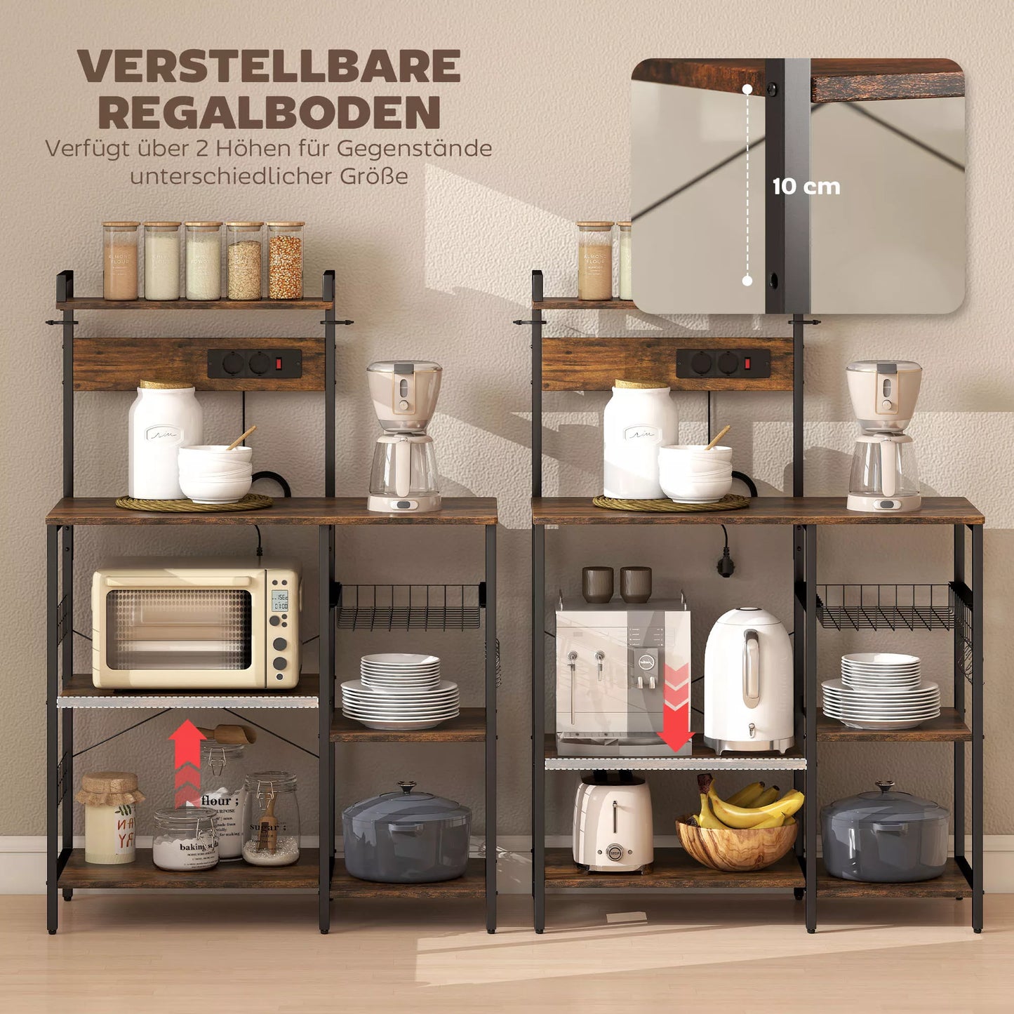 Virtuvės lentynos, stovas su 2 rozetėmis, 5 S formos kabliais, 5 lentynomis, krepšeliu, X formos atramomis iš plieno, 90 x 42 x 130 cm