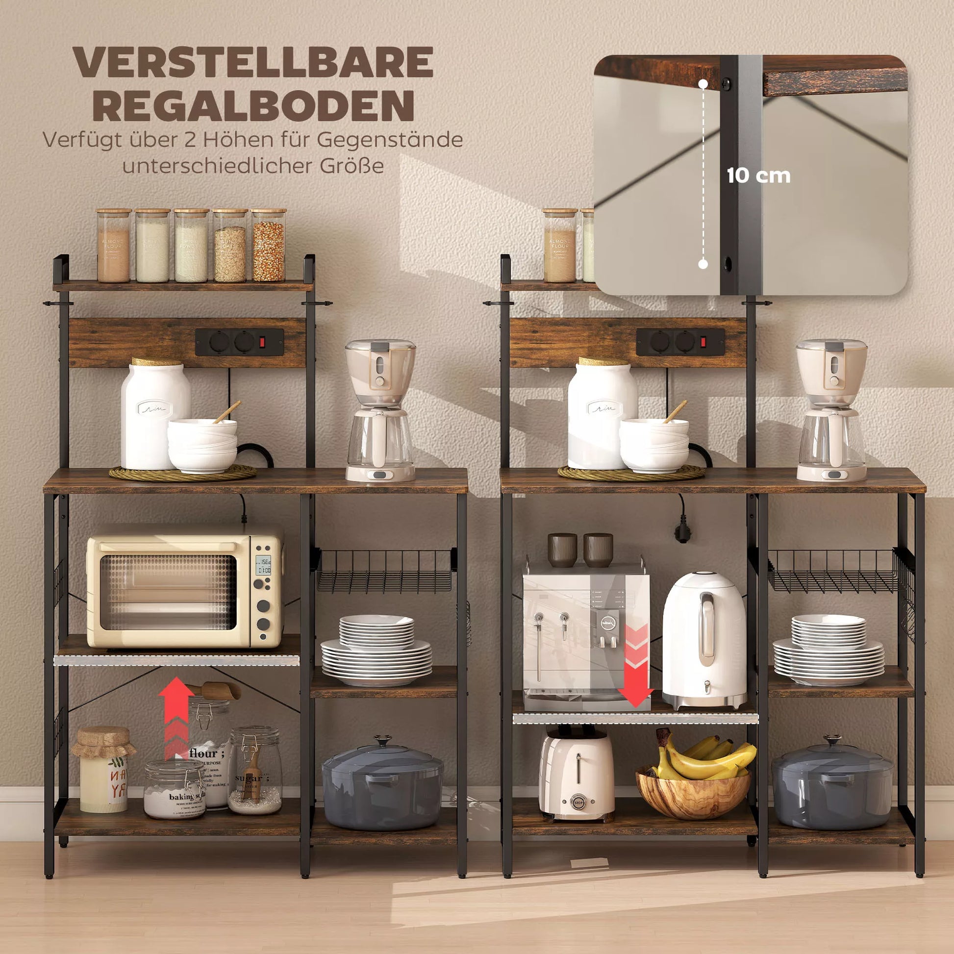 Virtuvės lentynos, stovas su 2 rozetėmis, 5 S formos kabliais, 5 lentynomis, krepšeliu, X formos atramomis iš plieno, 90 x 42 x 130 cm