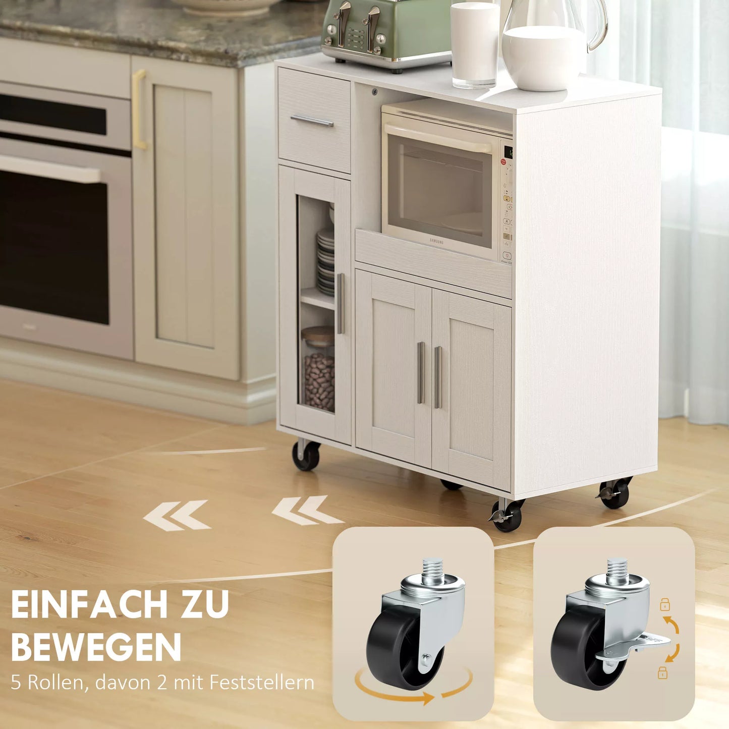 Virtuvės spintelė ant ratukų, mobili virtuvės komoda su lentynomis, stalčiais, reguliuojama lentyna, kabelio anga, balta