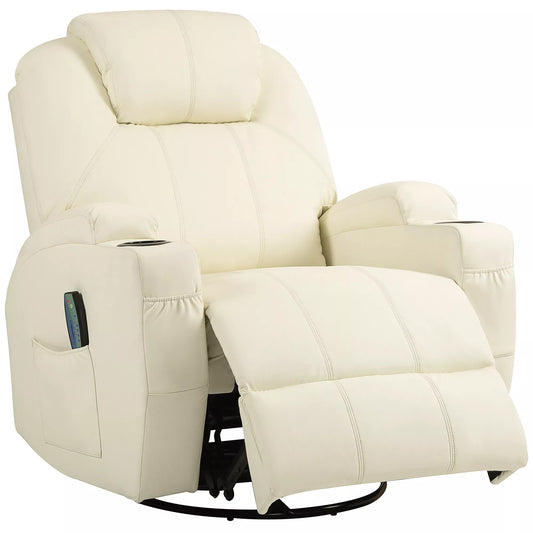 Poilsio krėslas su masažo funkcija, atlošiama atrama, sukamas, iki 150 kg, dirbtinė oda, kreminės baltos spalvos