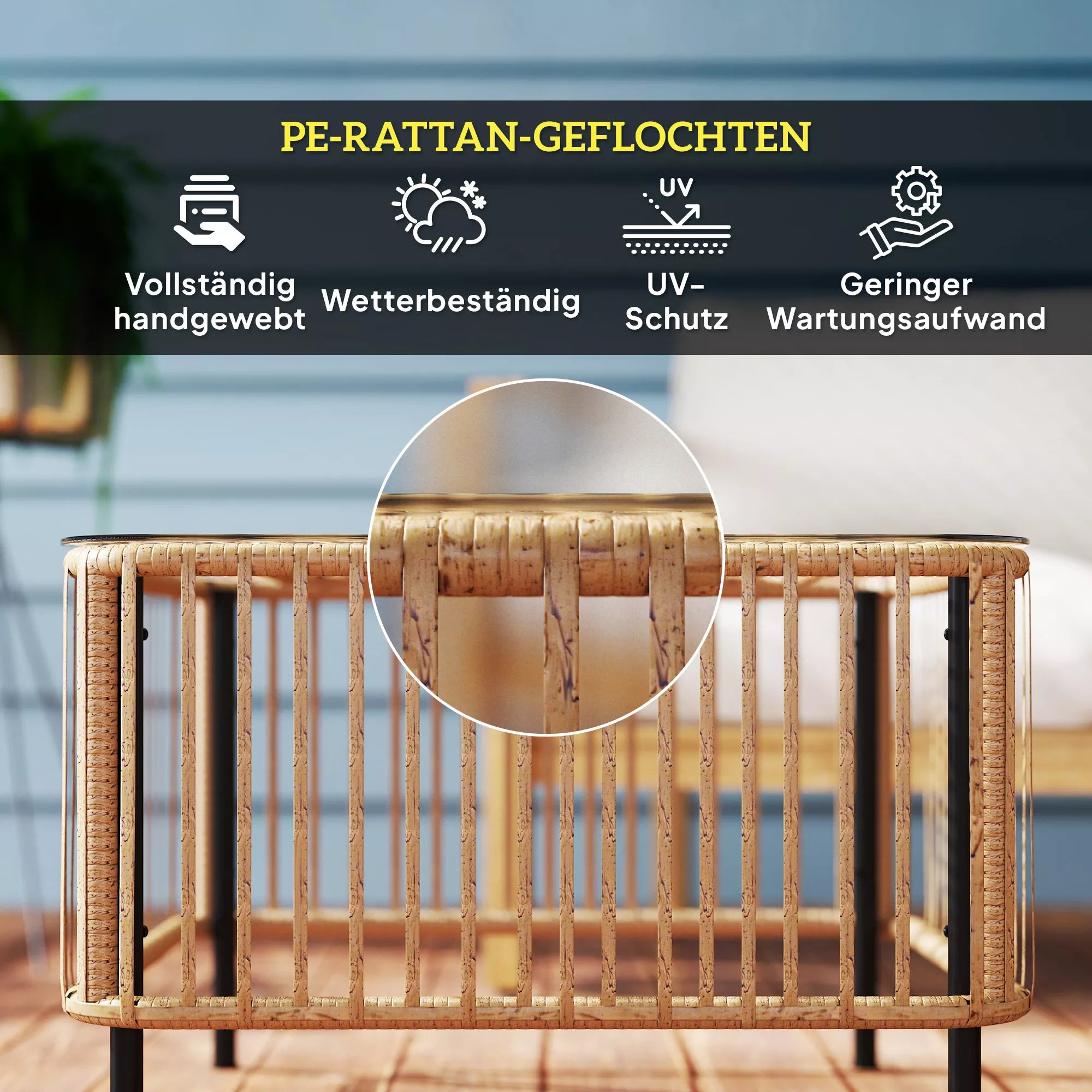 Polyrattan sodo stalas, 65 x 65 x 43 cm, atsparus atmosferos poveikiui, kvadratinis pagalbinis stalas su stikliniu stalviršiu, natūralaus medžio