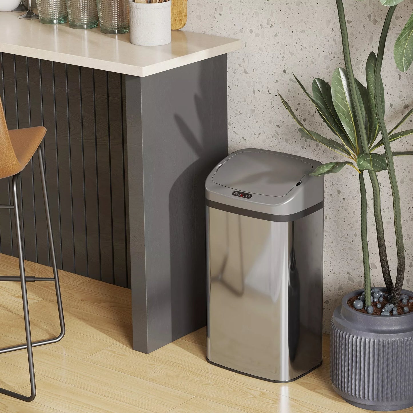 48 L Sensorinis šiukšliadėžė virtuvei ar biurui, automatinio uždarymo funkcija, nerūdijančio plieno, sidabro spalvos