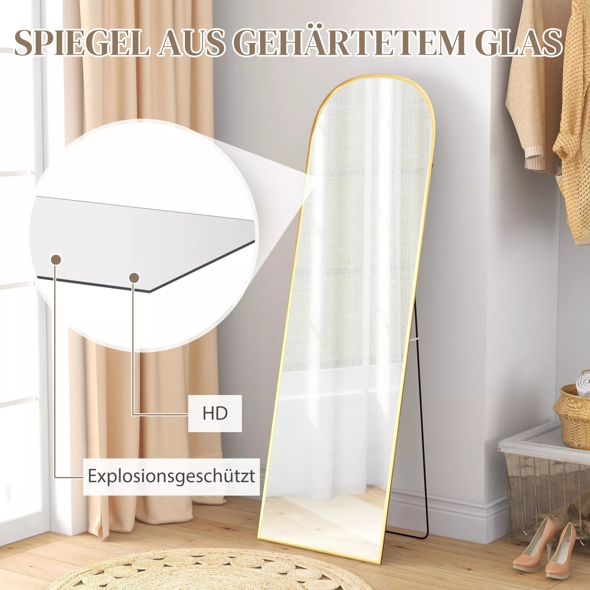 Pastatomas veidrodis, viso kūno veidrodis, 50x1,5x161,5 cm, auksiniu rėmu