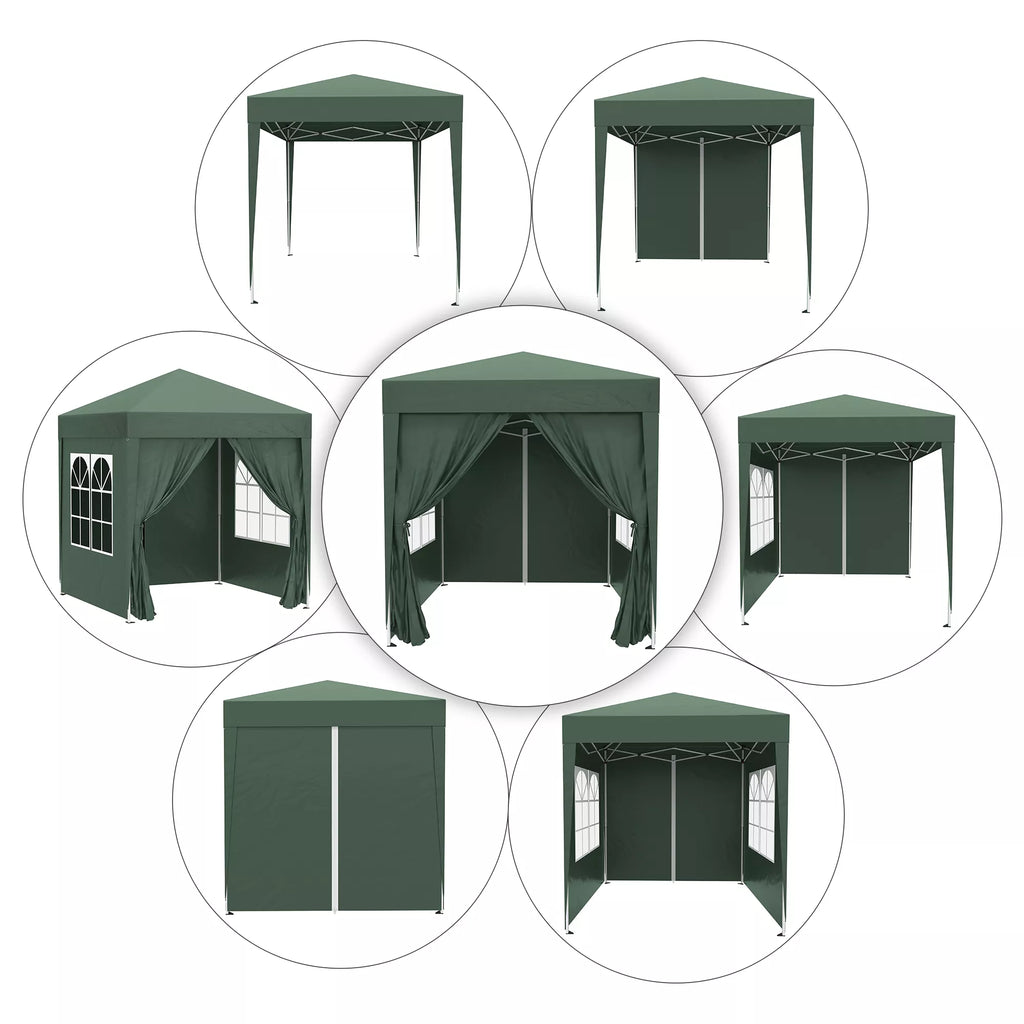 Sulankstomas paviljonas, alaus palapinė, 4 nuimamos šoninės sienos, 2 langai, metalinis rėmas, 2 x 2 m, tamsiai žalia