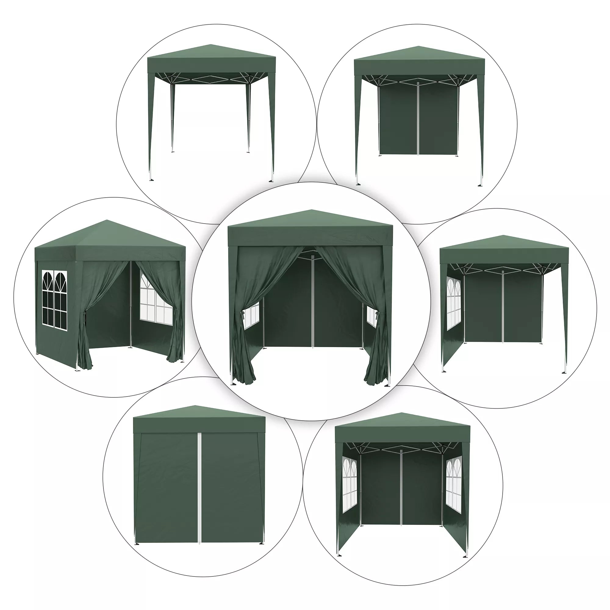 Sulankstomas paviljonas, alaus palapinė, 4 nuimamos šoninės sienos, 2 langai, metalinis rėmas, 2 x 2 m, tamsiai žalia