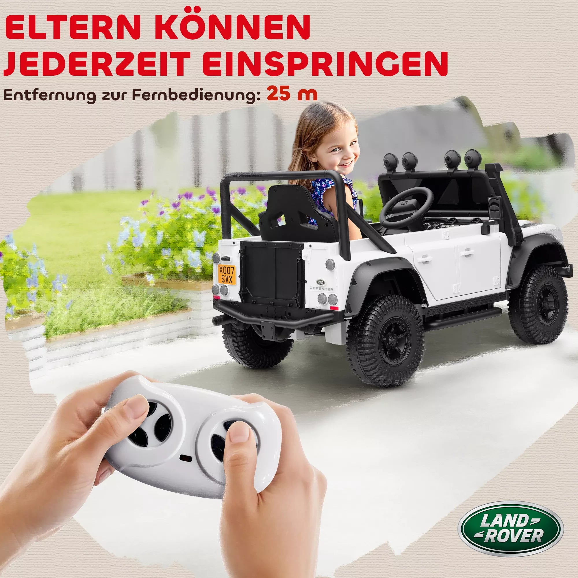 Mergaitė sėdi baltame Land Rover Defender elektromobilyje ir groja ant muzikos pulto