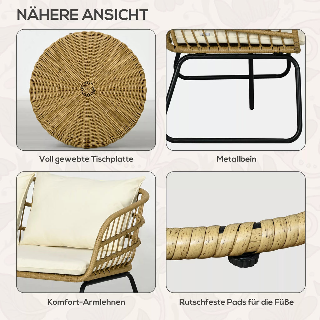 Rattanų sėdimoji grupė Lauko sėdimoji grupė, boho stiliaus, 5 dalių rinkinys, 145 x 70 x 78 cm, kreminė + natūrali + juoda