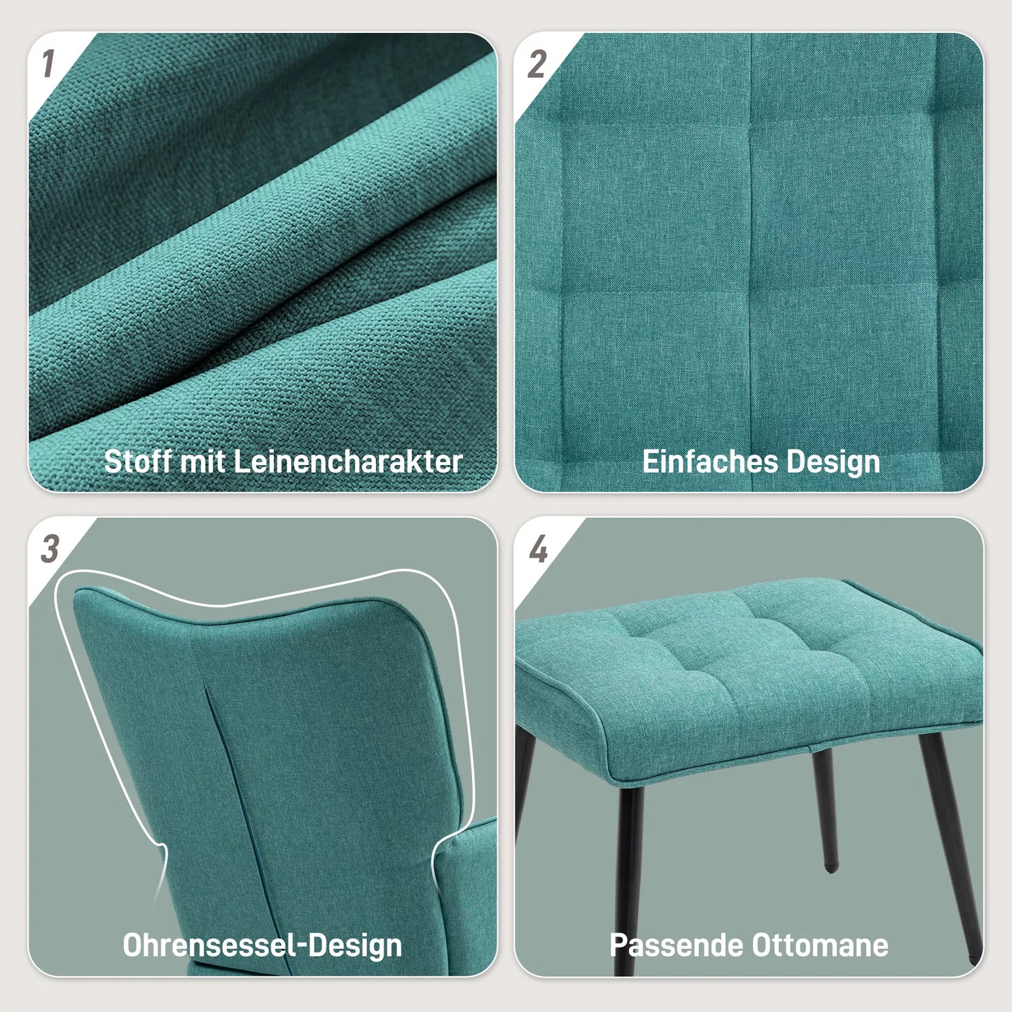 Supamasis krėslas su pakoja, plačia sėdimąja dalimi, aukšta atlošo atrama, lino imitacijos audinys, mėtų spalvos