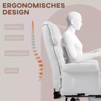 Infografika su baltos ergonominės biuro kėdės atramos taškais: kaklas, nugara, juosmuo, kojos