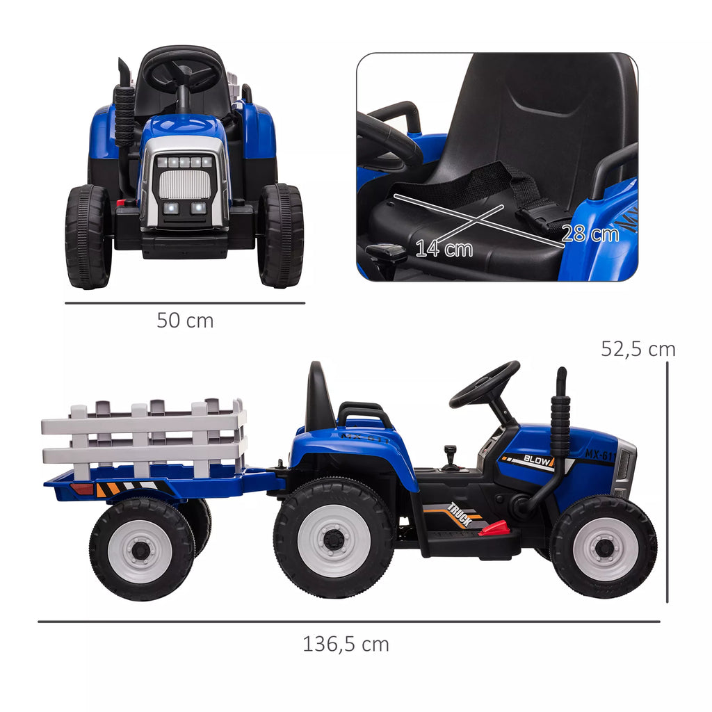 Vaikų elektrinis automobilis su priekaba, nuotolinio valdymo pultu, žibintais, 3–6 km/h, skirtas 3–6 metų vaikams, mėlynos spalvos